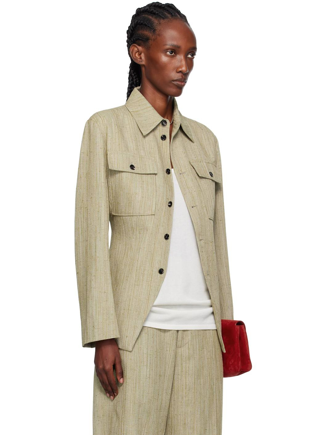 Khaki Viscose Silk Shirt Jacket - 2