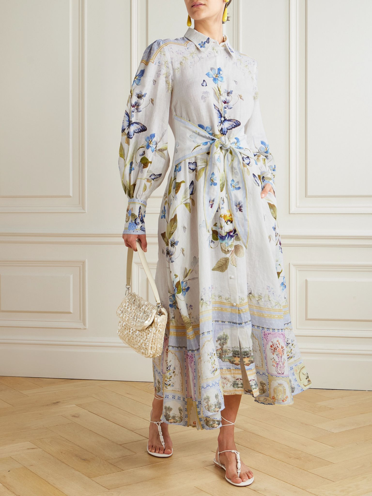 Belted embellished floral-print linen midi shirt dress White - 2