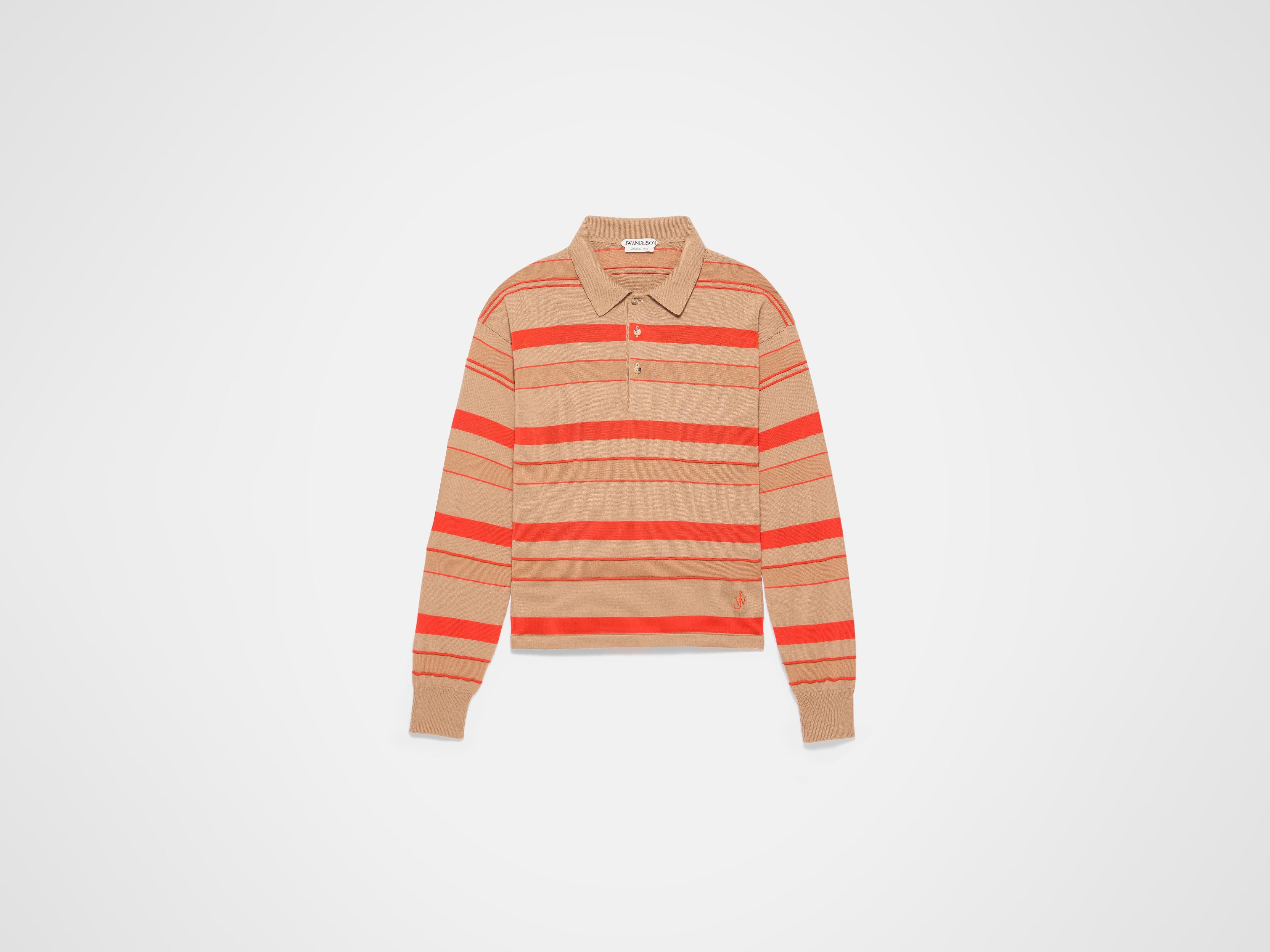 KNITTED STRIPED RUGBY POLO TOP IN BISCUIT - 1