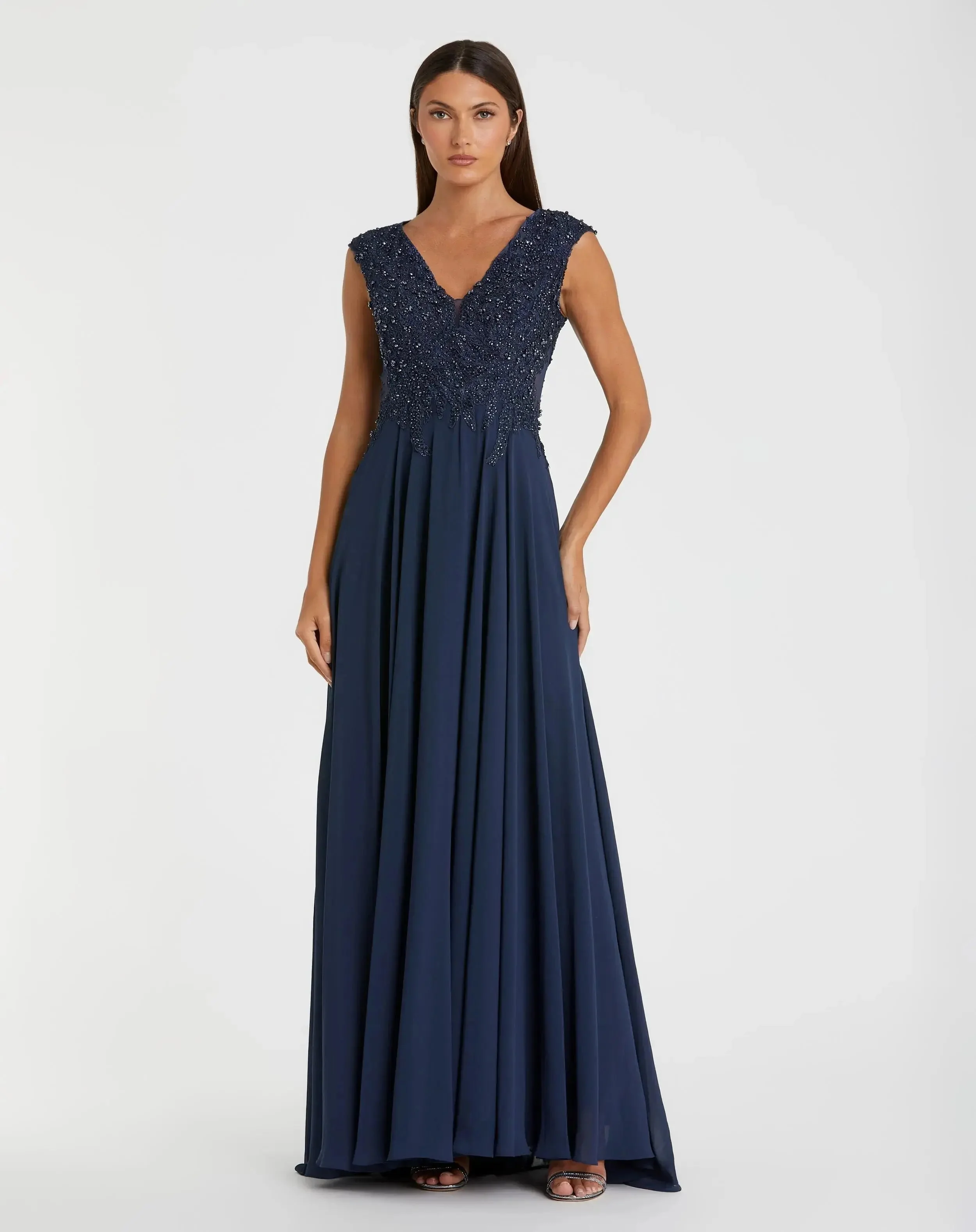 Navy Cap Sleeve Applique Bodice Flowy Gown - 1