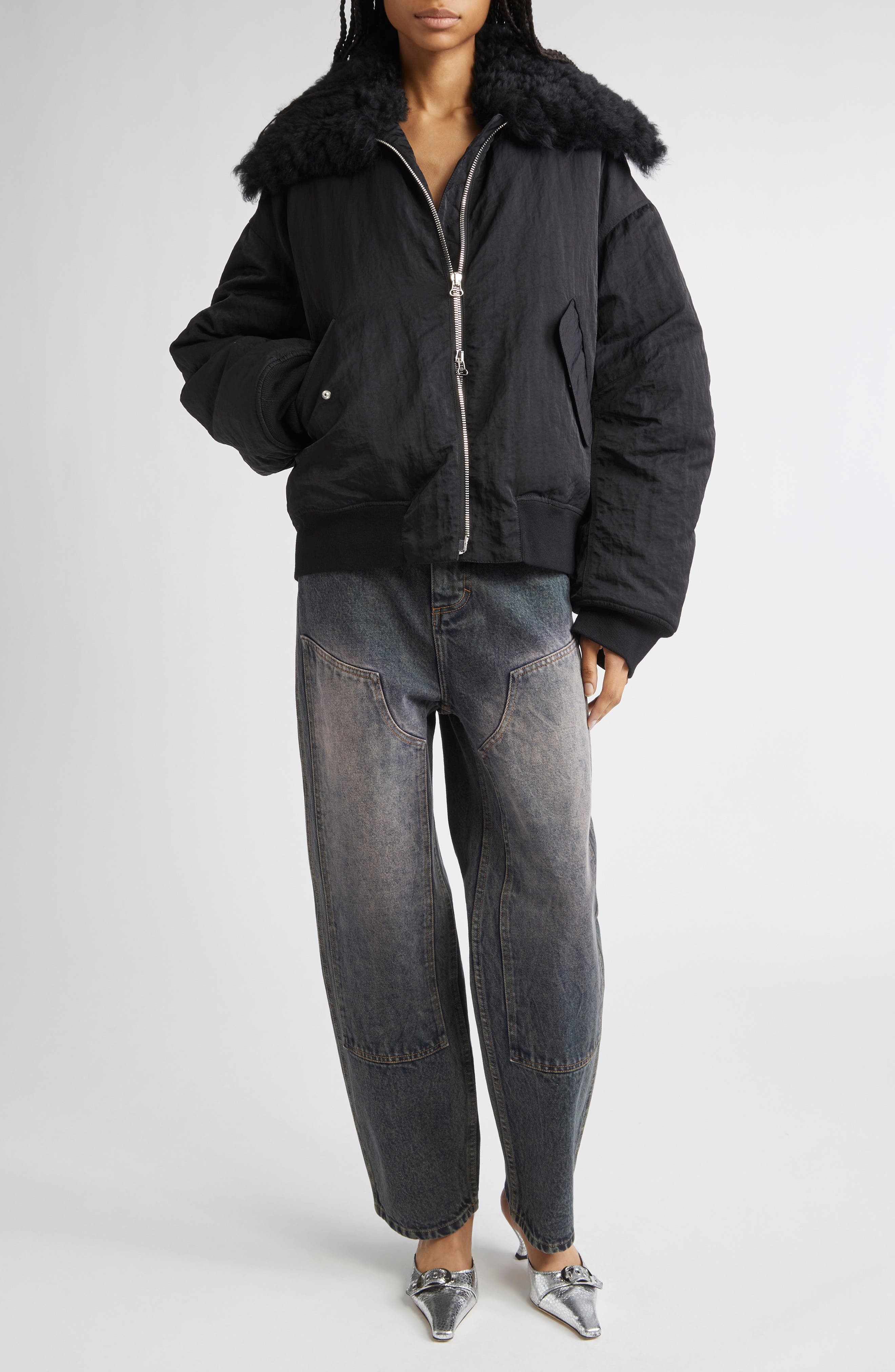 Eckhaus Latta Nylon Bomber Jacket with Genuine Shearling Collar in Asphalt at Nordstrom - 2
