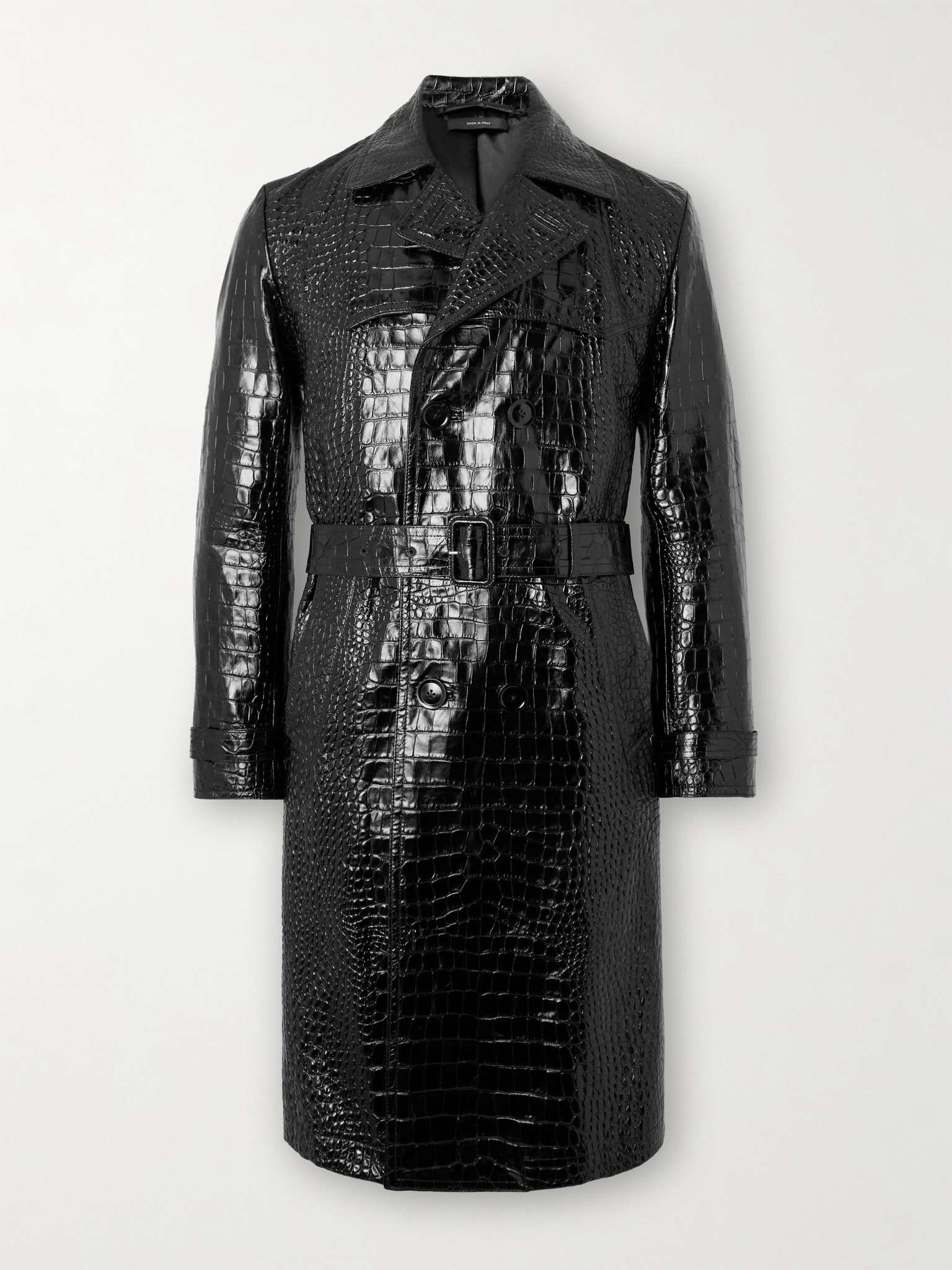 Double-Breasted Croc-Effect Leather Trench Coat - 1