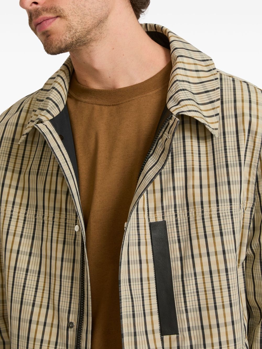 check-pattern leather-detail jacket - 4