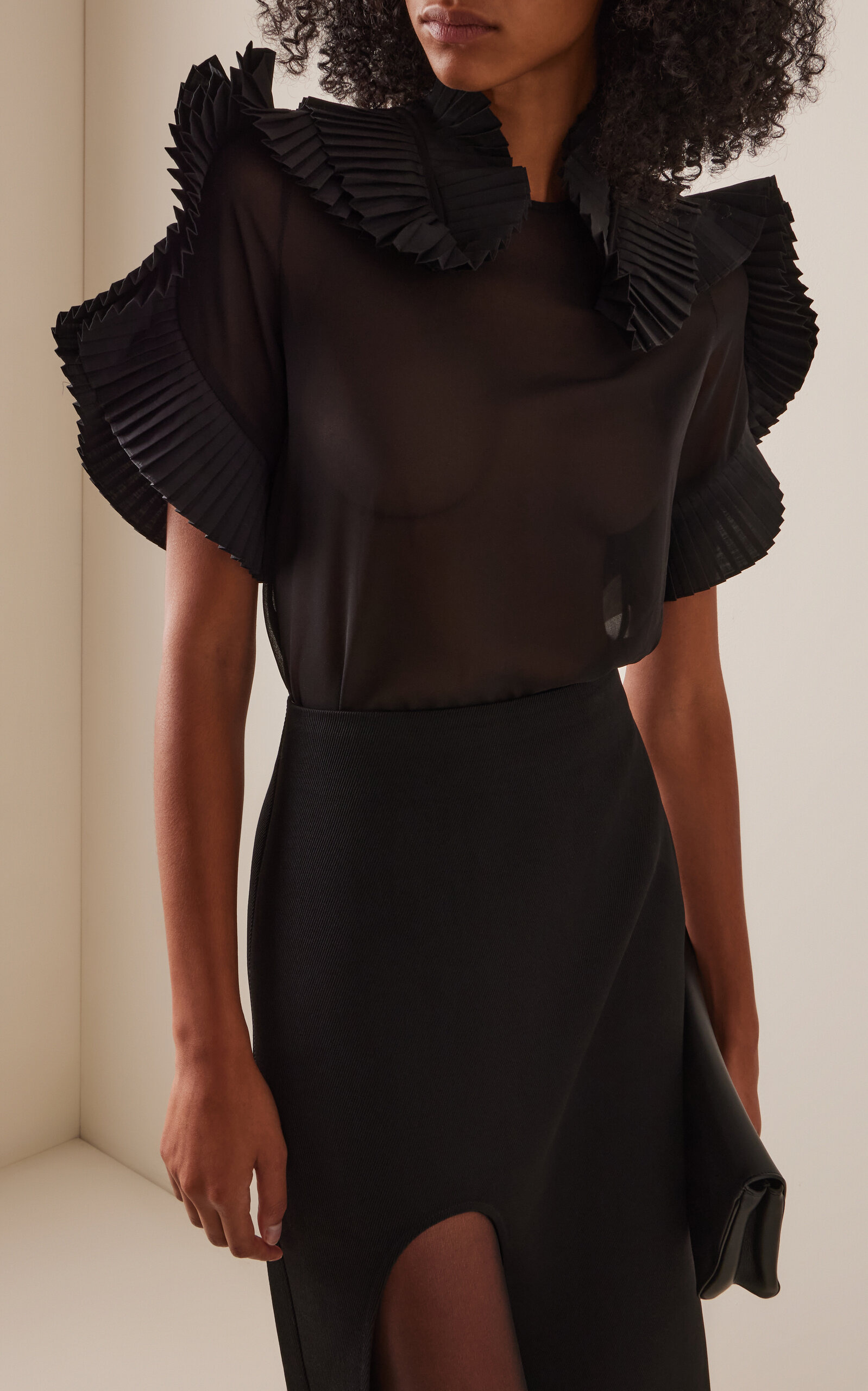 Pleated Ruffle Sheer Georgette Top black - 2
