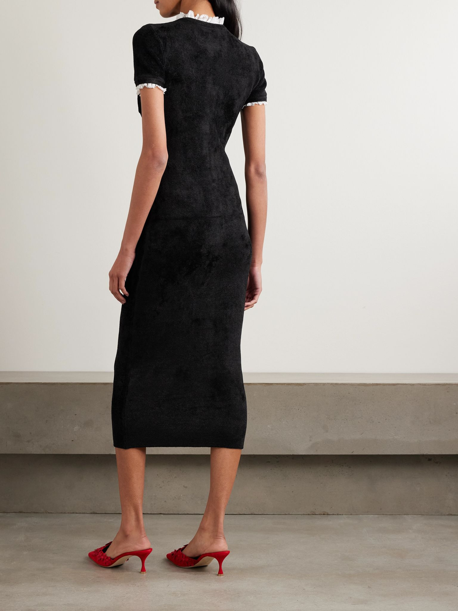 Crystal-embellished lace-trimmed chenille midi dress Black - 3