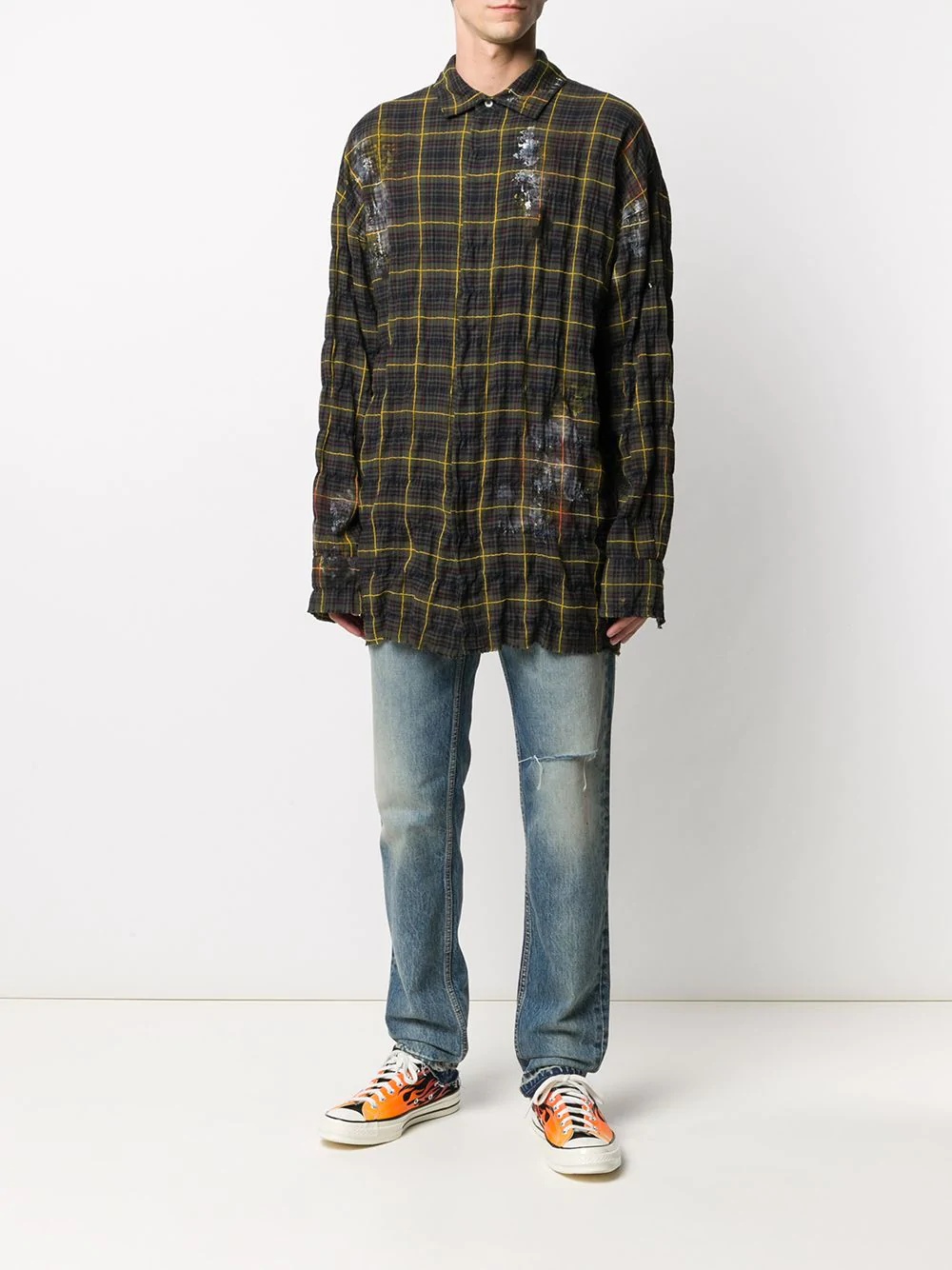 paint effect wrinkled checked shirt - 4