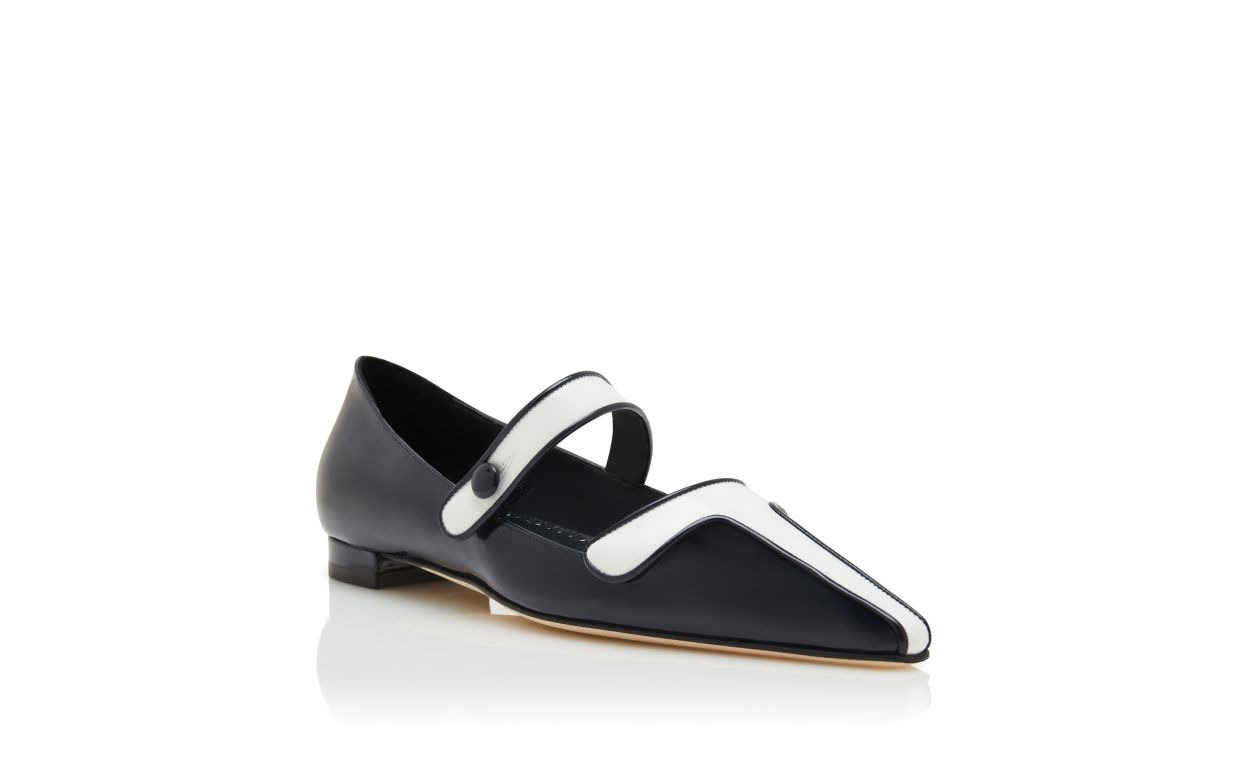 Navy Blue and White Patent Leather Mary Jane Flat Pumps - 3