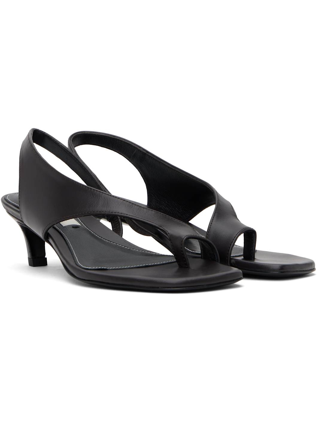 Black Leather Thong Heeled Sandals - 4