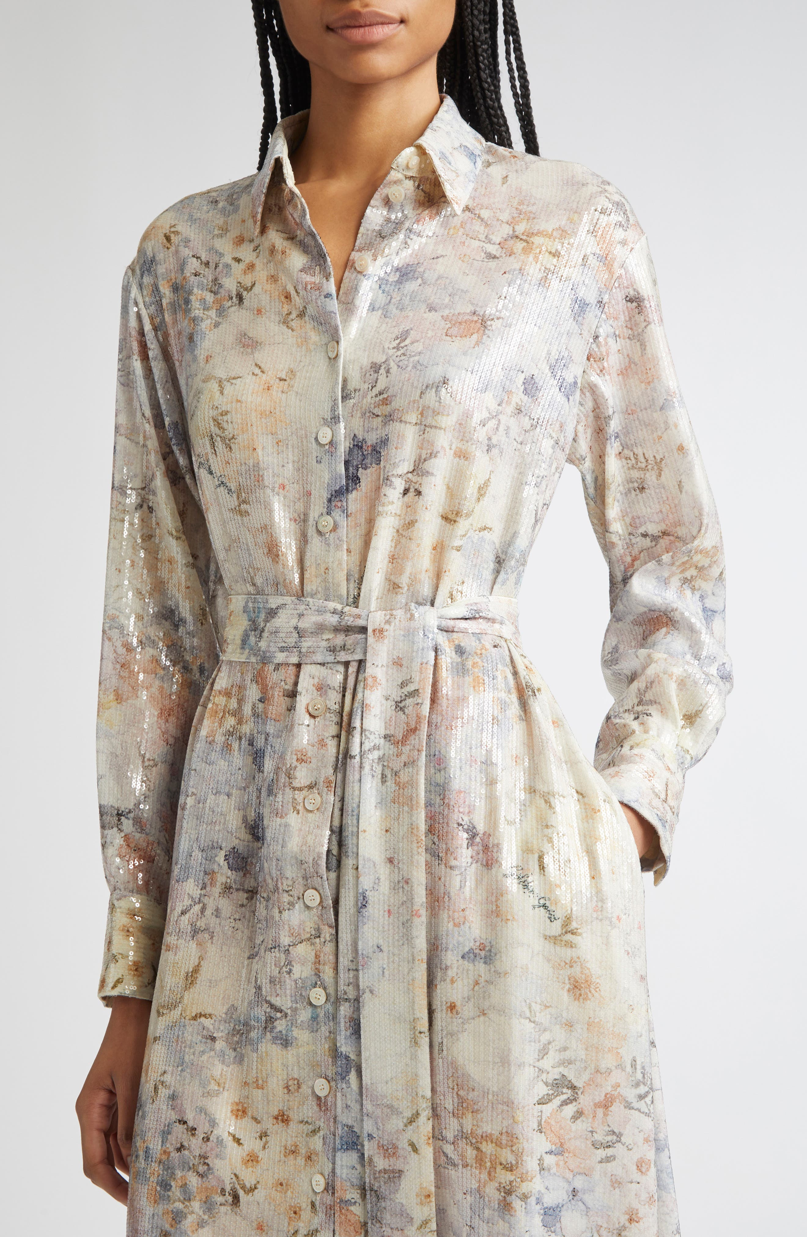 Golden Goose Journey Floral Long Sleeve Sequin Shirtdress in Pastel Flowers at Nordstrom - 4