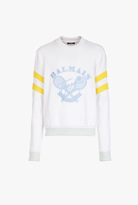 White eco-designed cotton sweatshirt with embroidered pale blue Balmain logo - 1