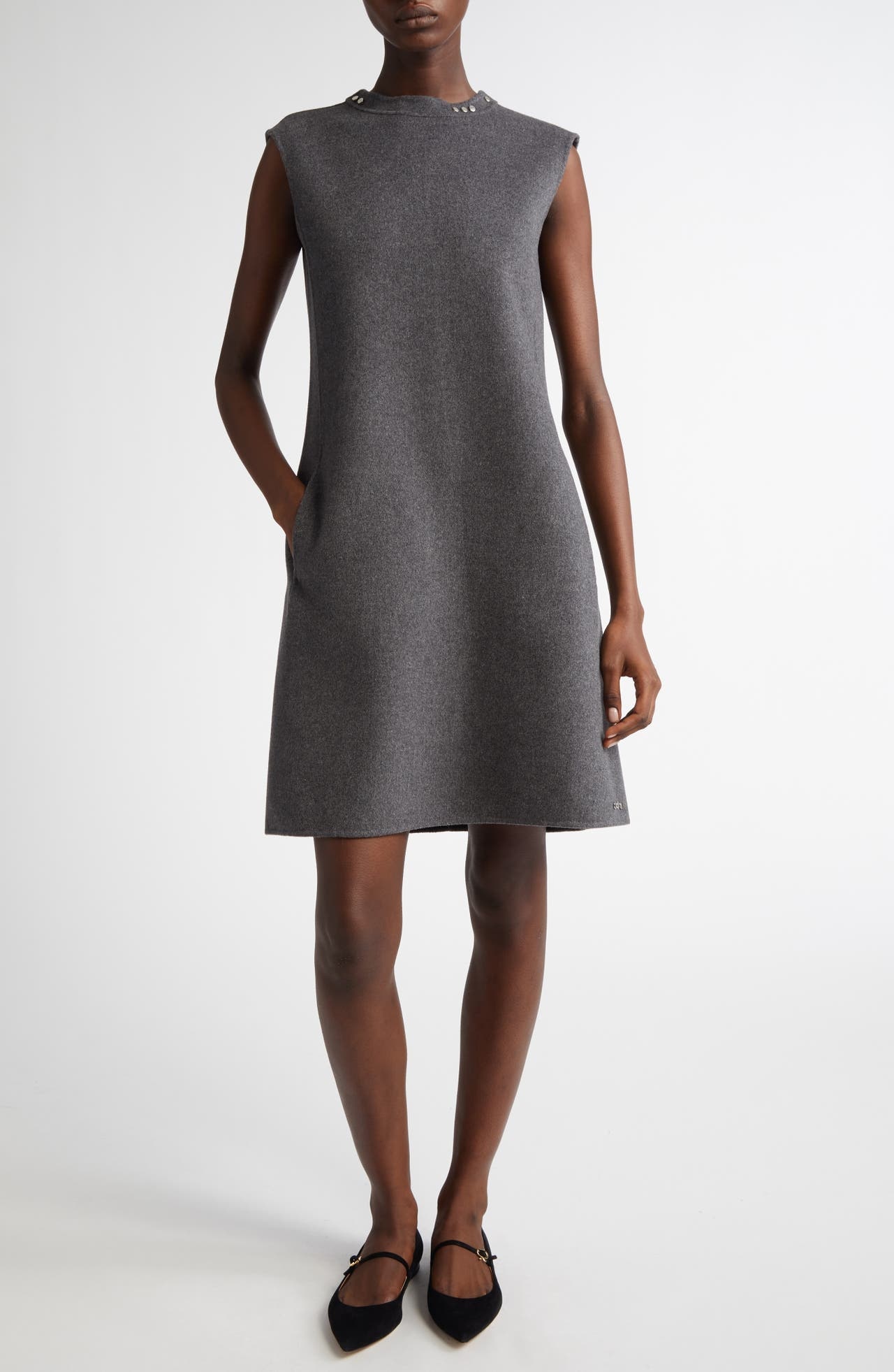 Max Mara Daria Stud Cap Sleeve Virgin Wool Dress in Medium Grey at Nordstrom - 1