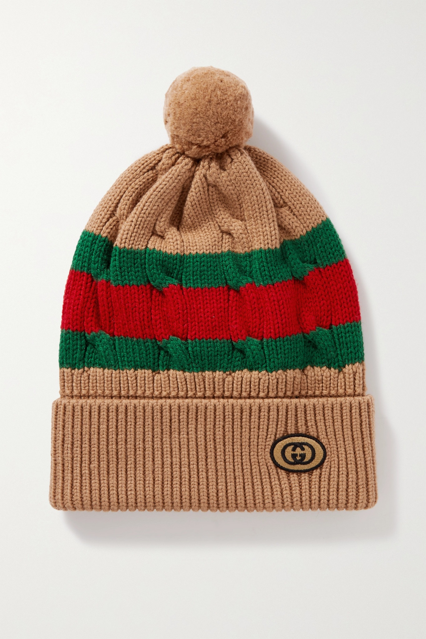 Pompom-embellished striped cable-knit wool beanie - 1