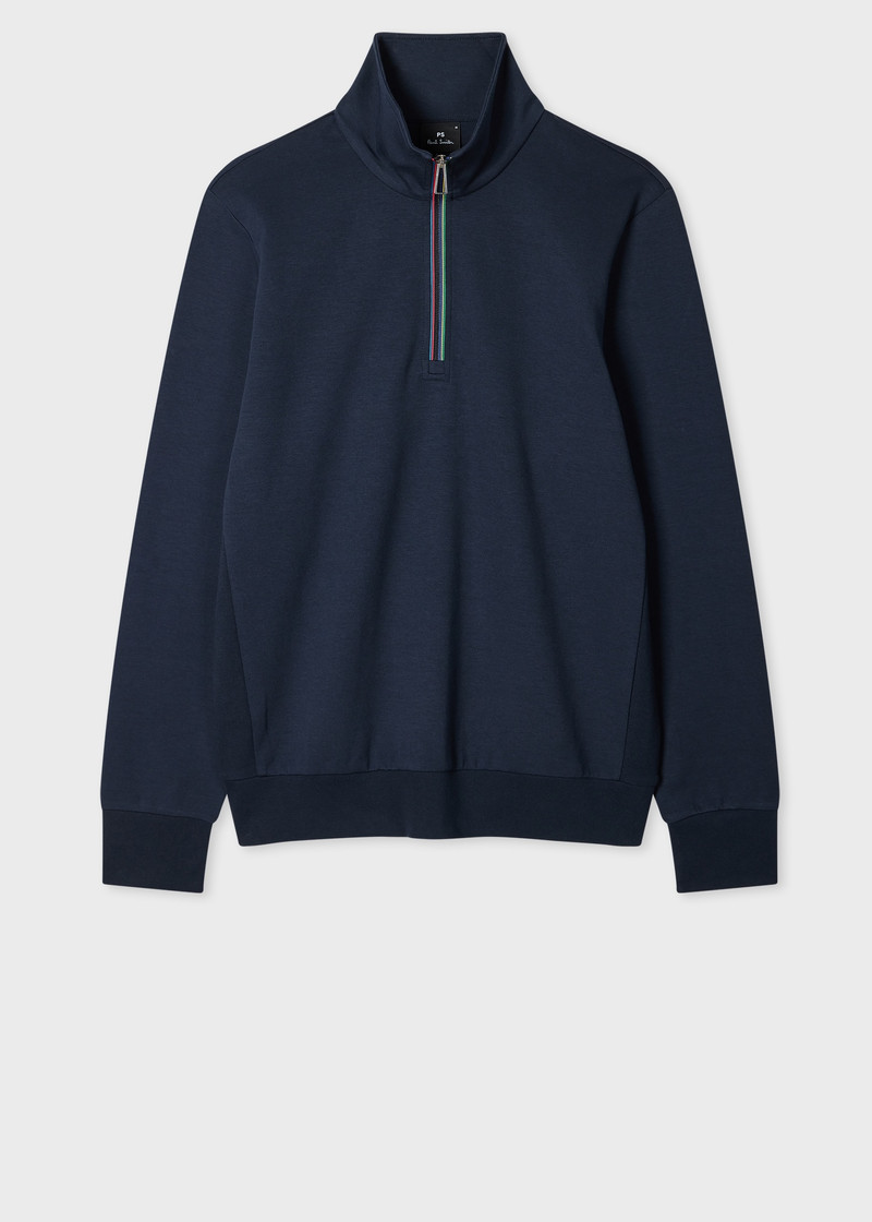 Navy Cotton-Blend 'Sports Stripe' Trim Quarter Zip Sweatshirt 1