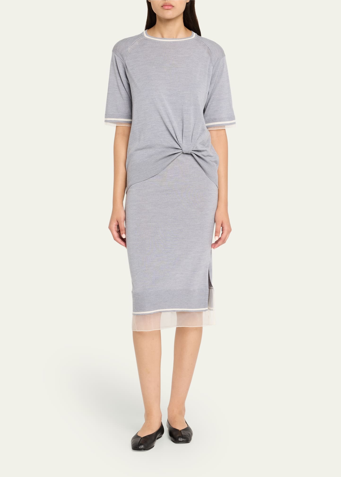 Short-Sleeve Draped Wool Organza Dress - 2