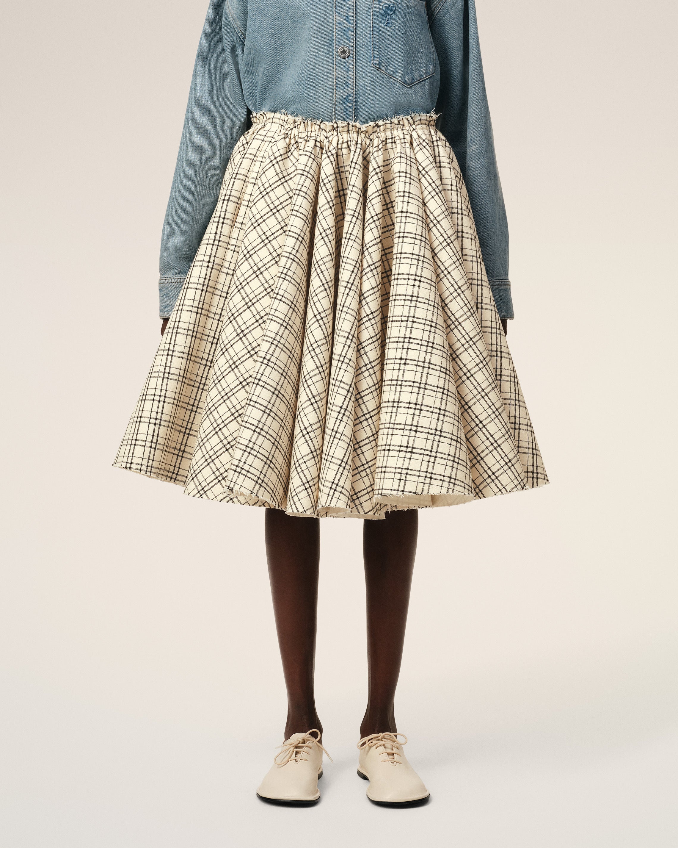 BEIGE CHECKED WOOL SKIRT WITH GODETS - 3