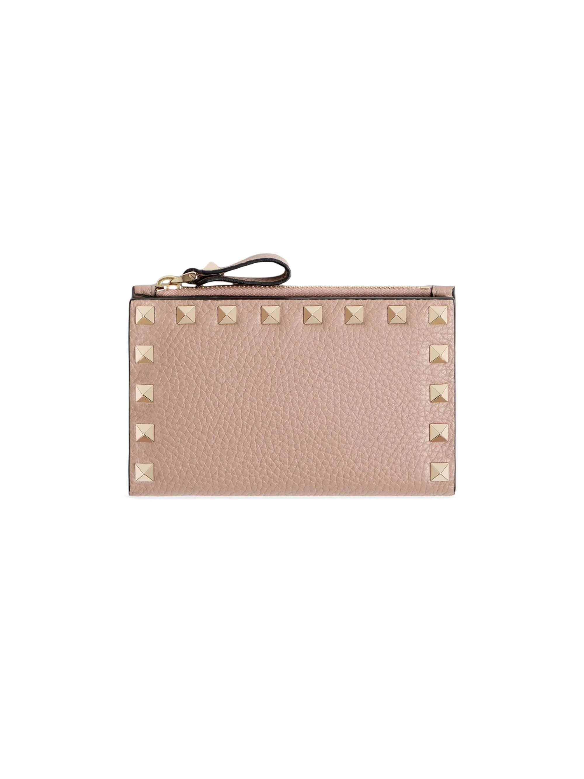Women's Rockstud Grainy Calfskin Cardholder with Zipper - Poudre Pink - 1