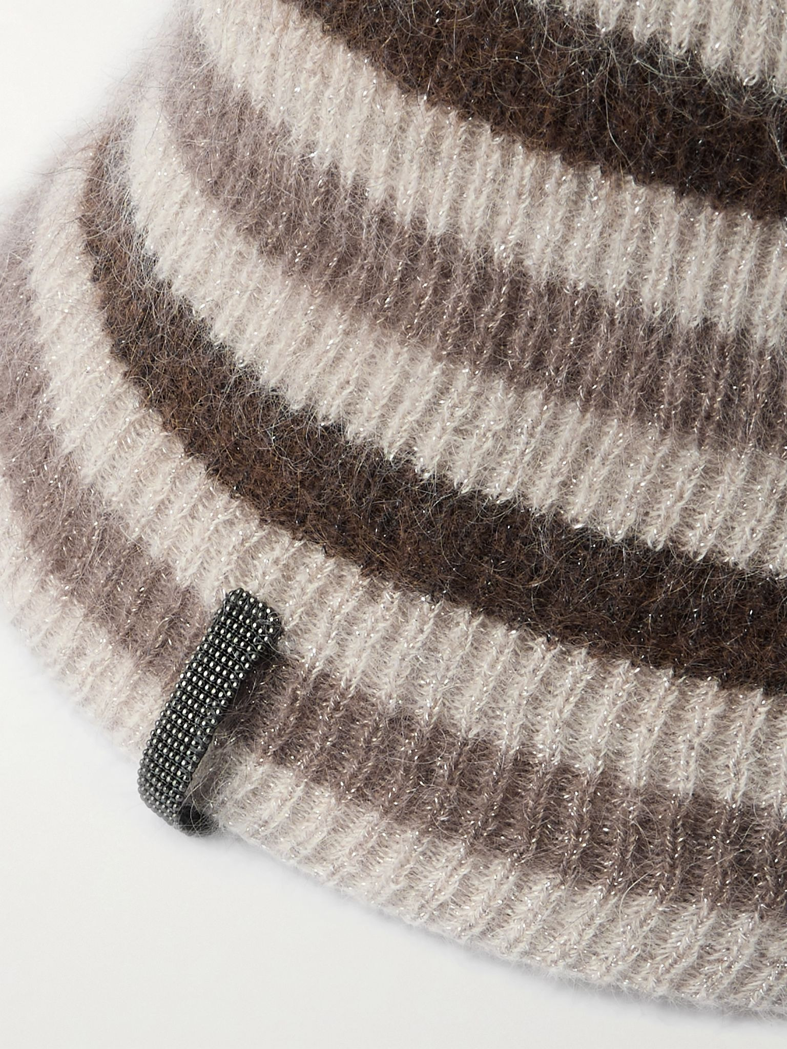 Bead-embellished striped metallic ribbed-knit bucket hat Brown - 3