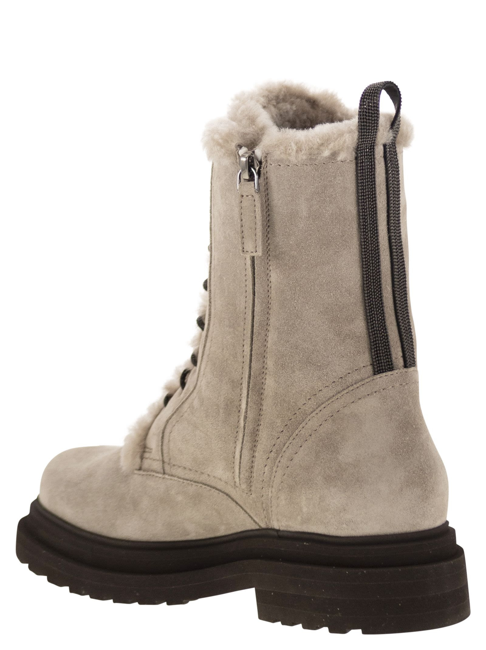 Brunello Cucinelli Women Suede Boot With Shearling Lining And Shiny Loop Detail - 3