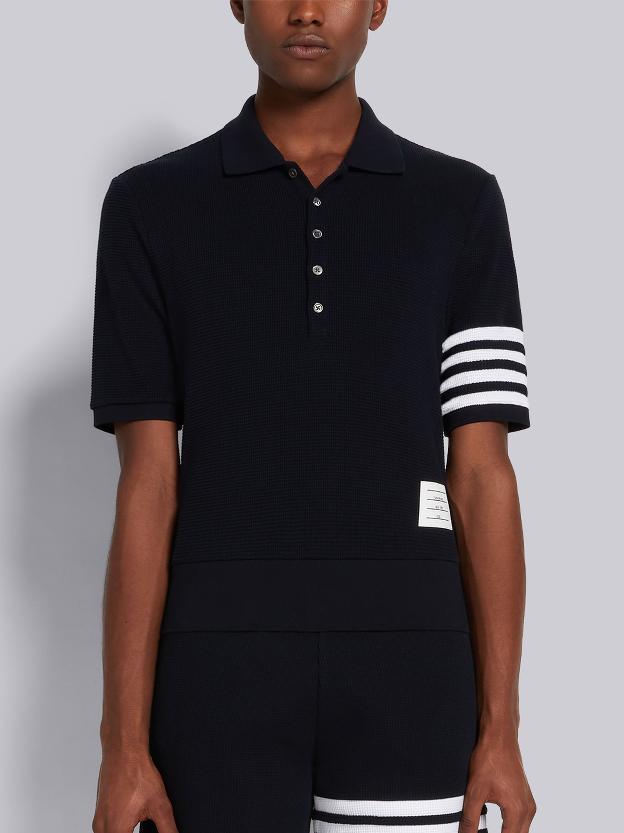 Navy Compact Waffle Rib Cuff 4-Bar Polo - 1