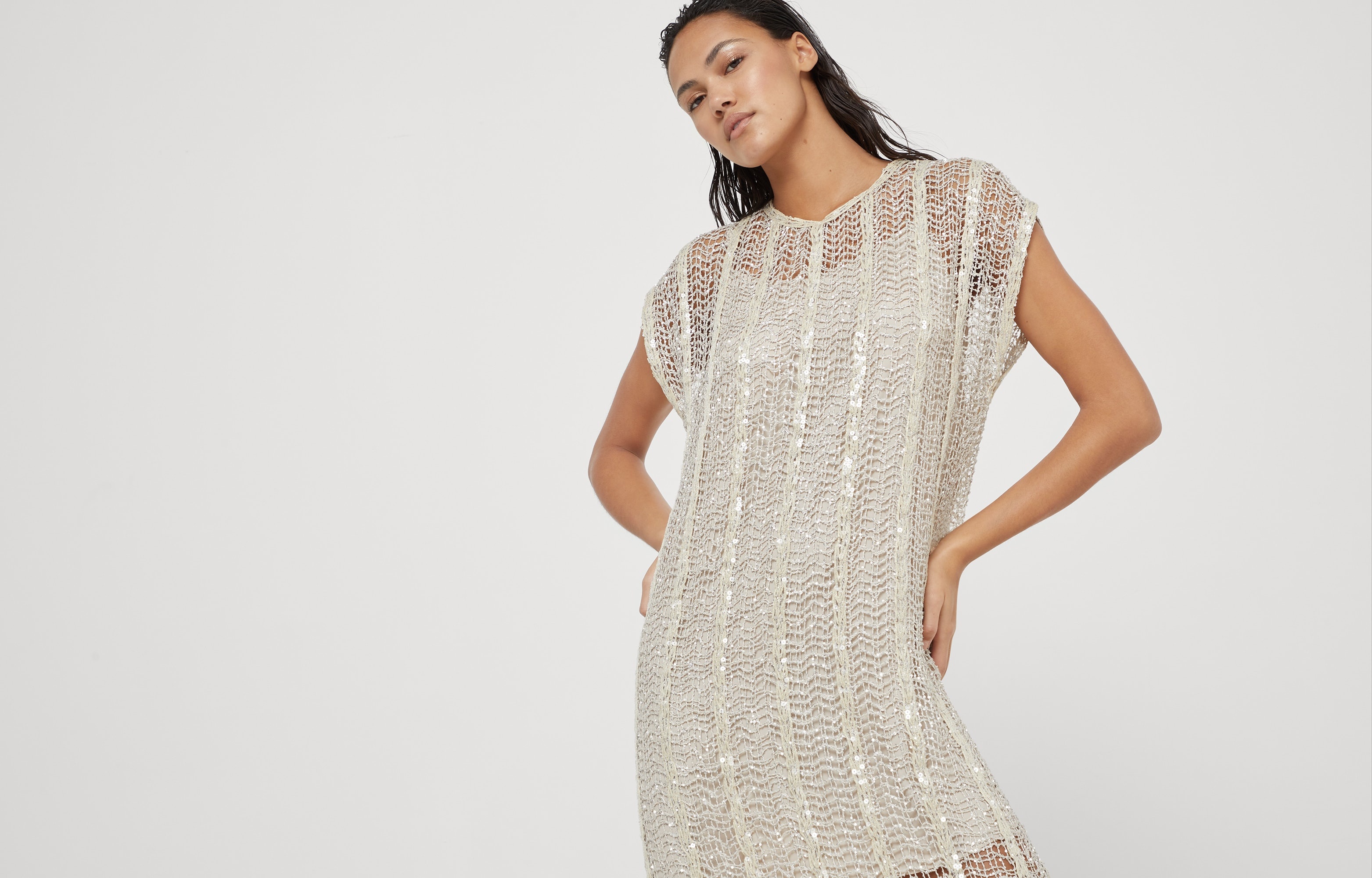 Dazzling striped net embroidery dress in techno raffia - 6