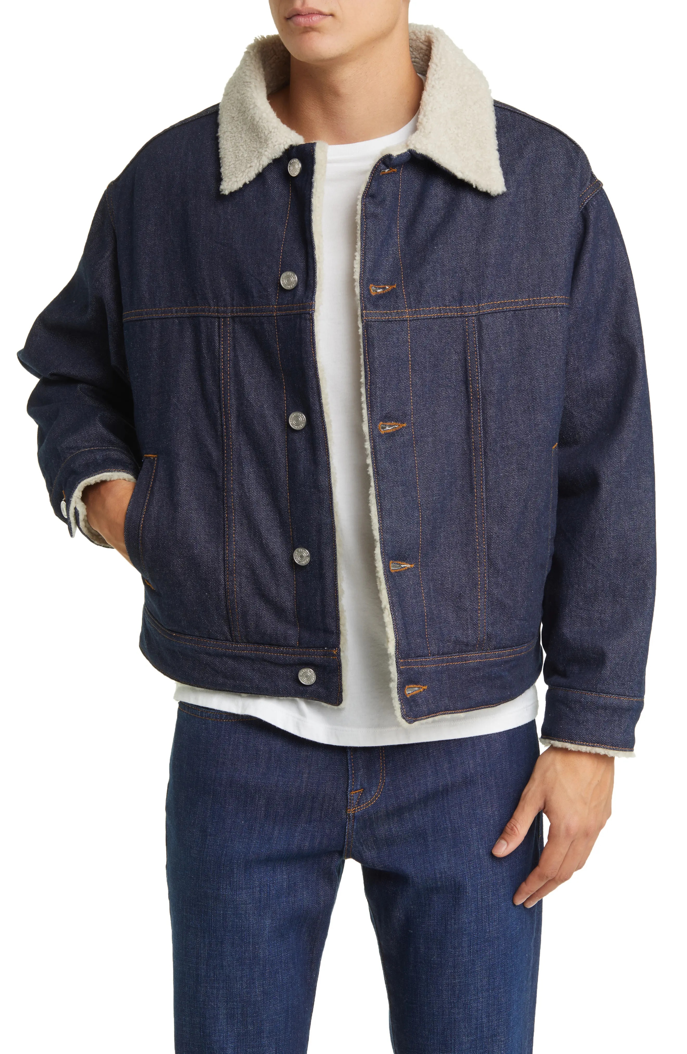 High Pile Fleece Lined Denim Trucker Jacket - 1