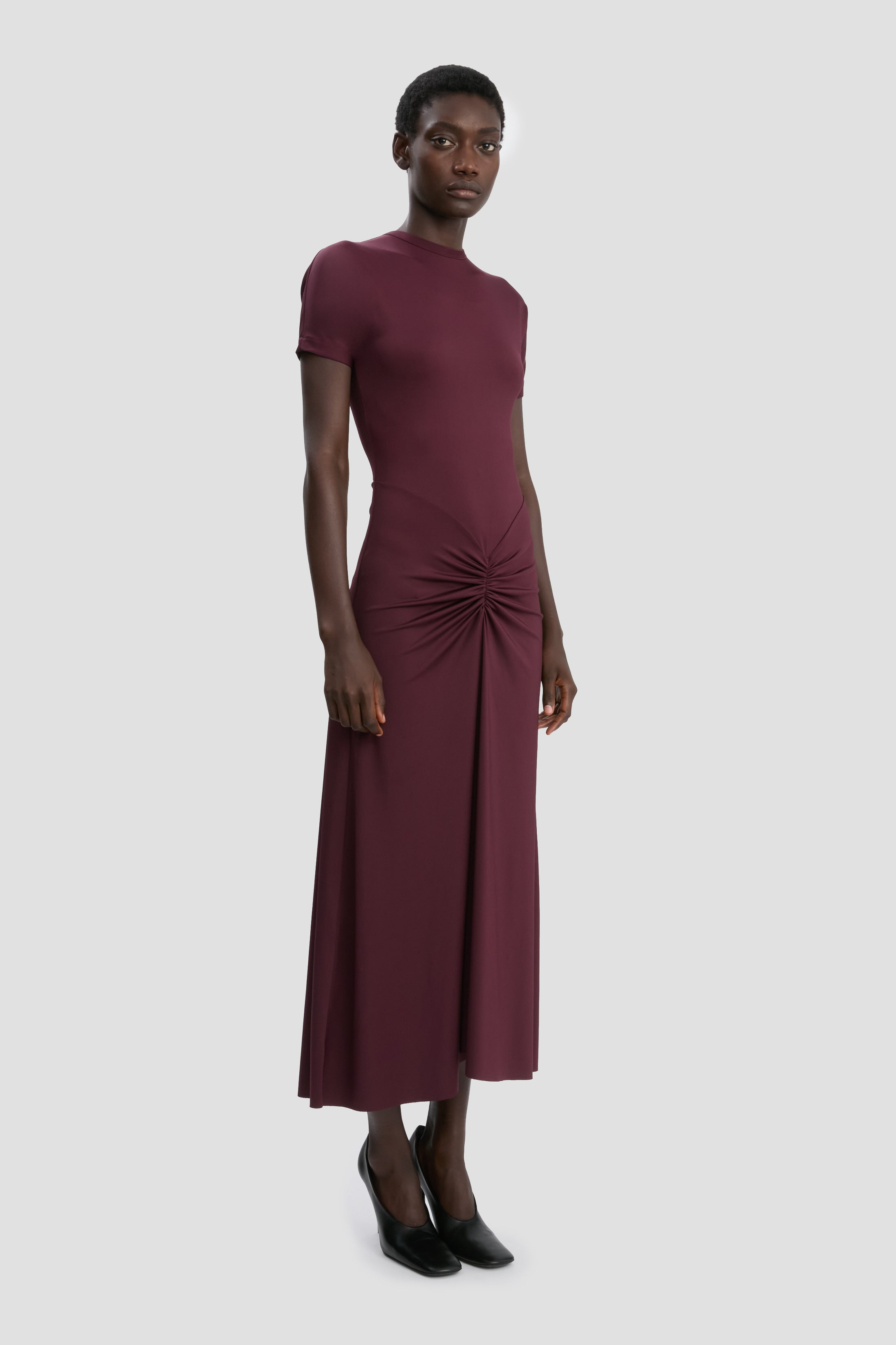 Gathered Waist T-Shirt Midi Dress In Merlot - 3