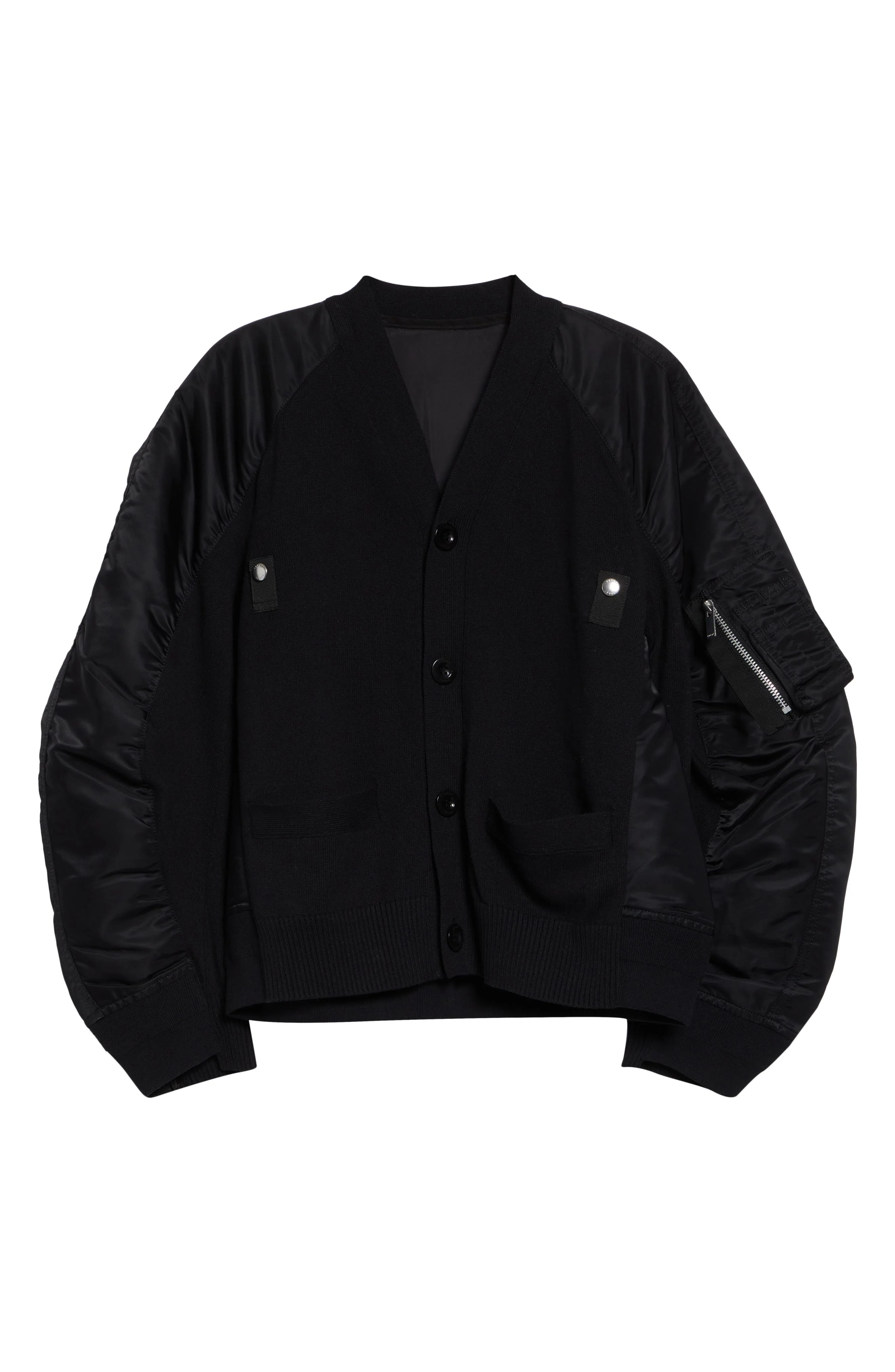 Sacai Mixed Media Knit & Nylon Twill Cardigan in Black at Nordstrom - 1