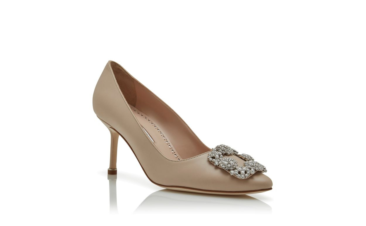 Light Beige Calf Leather Jewel Buckle Pumps - 3