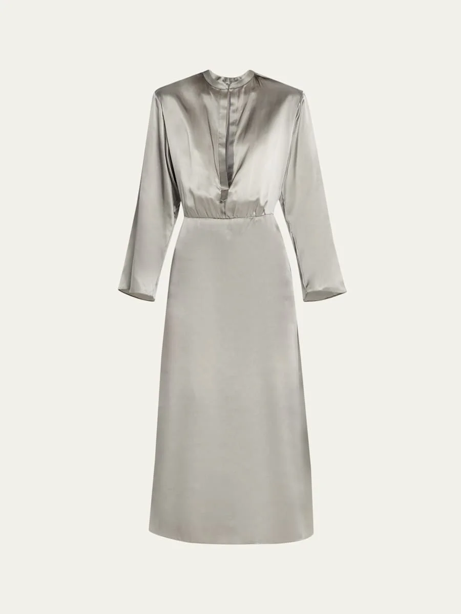 Ombre Print Silk Long-Sleeve Midi Dress - 1