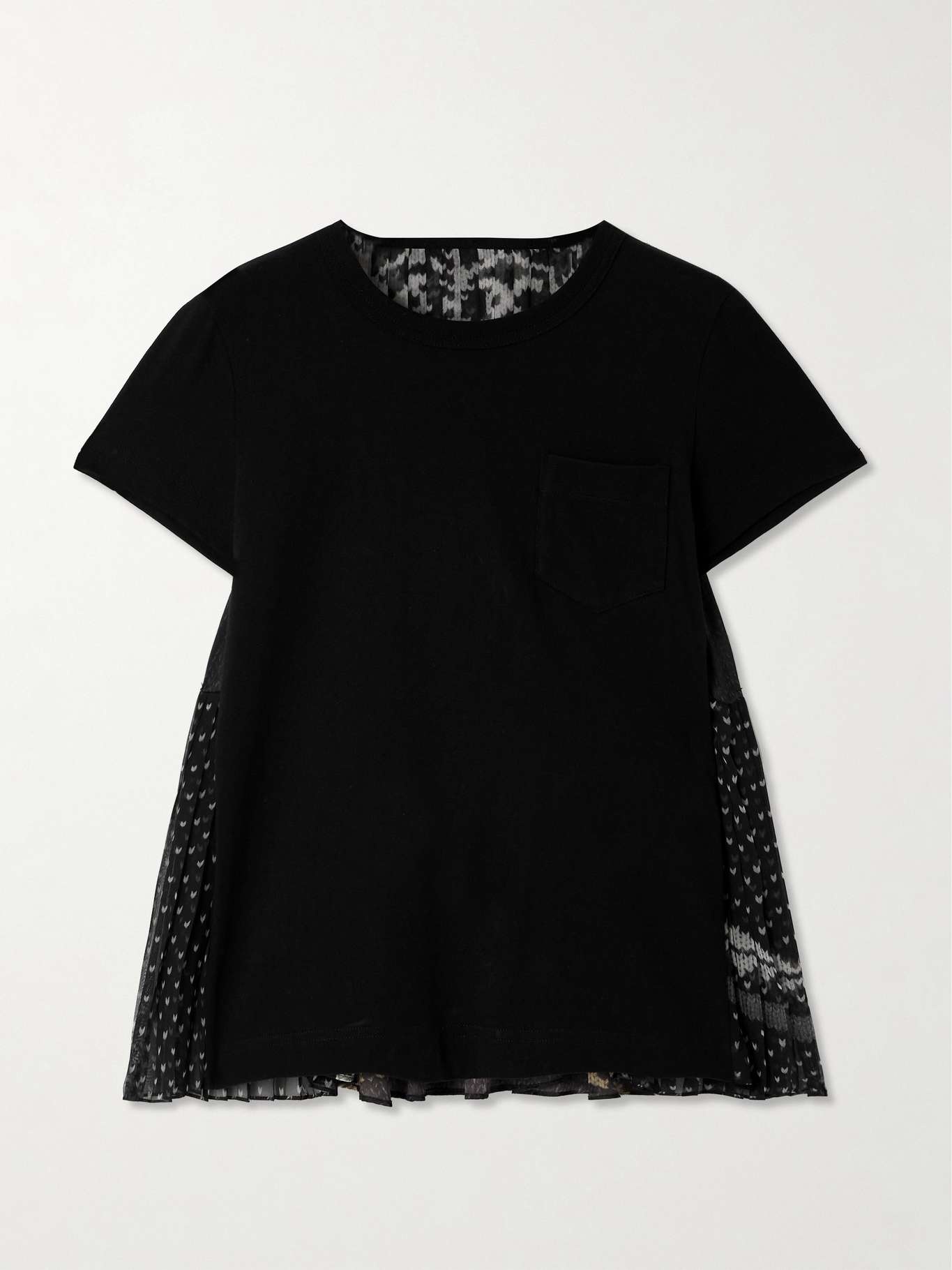 Printed twill and chiffon-trimmed cotton-jersey T-shirt - 1