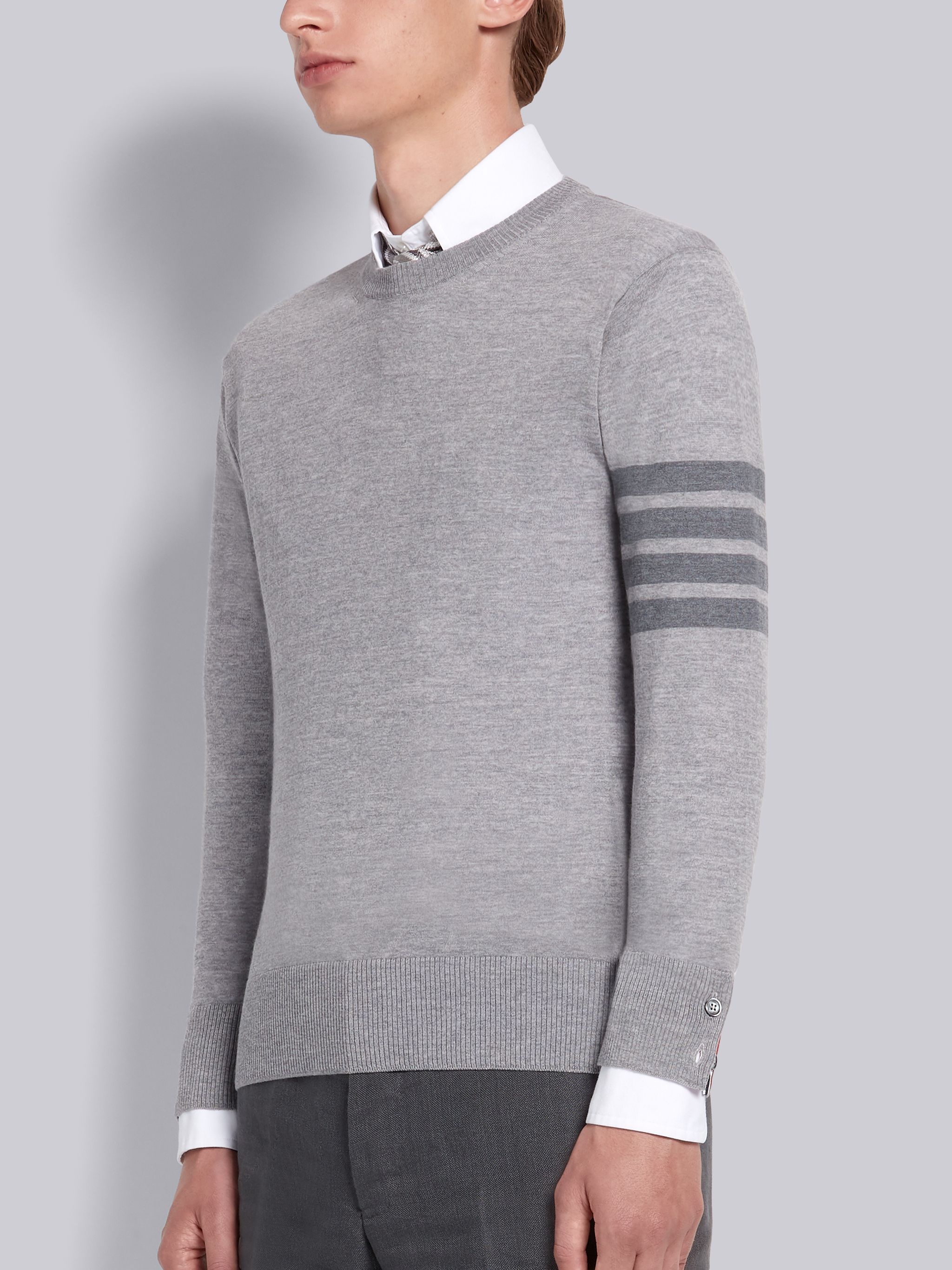 Light Grey Fine Merino Wool 4-Bar Classic Crewneck Pullover - 2