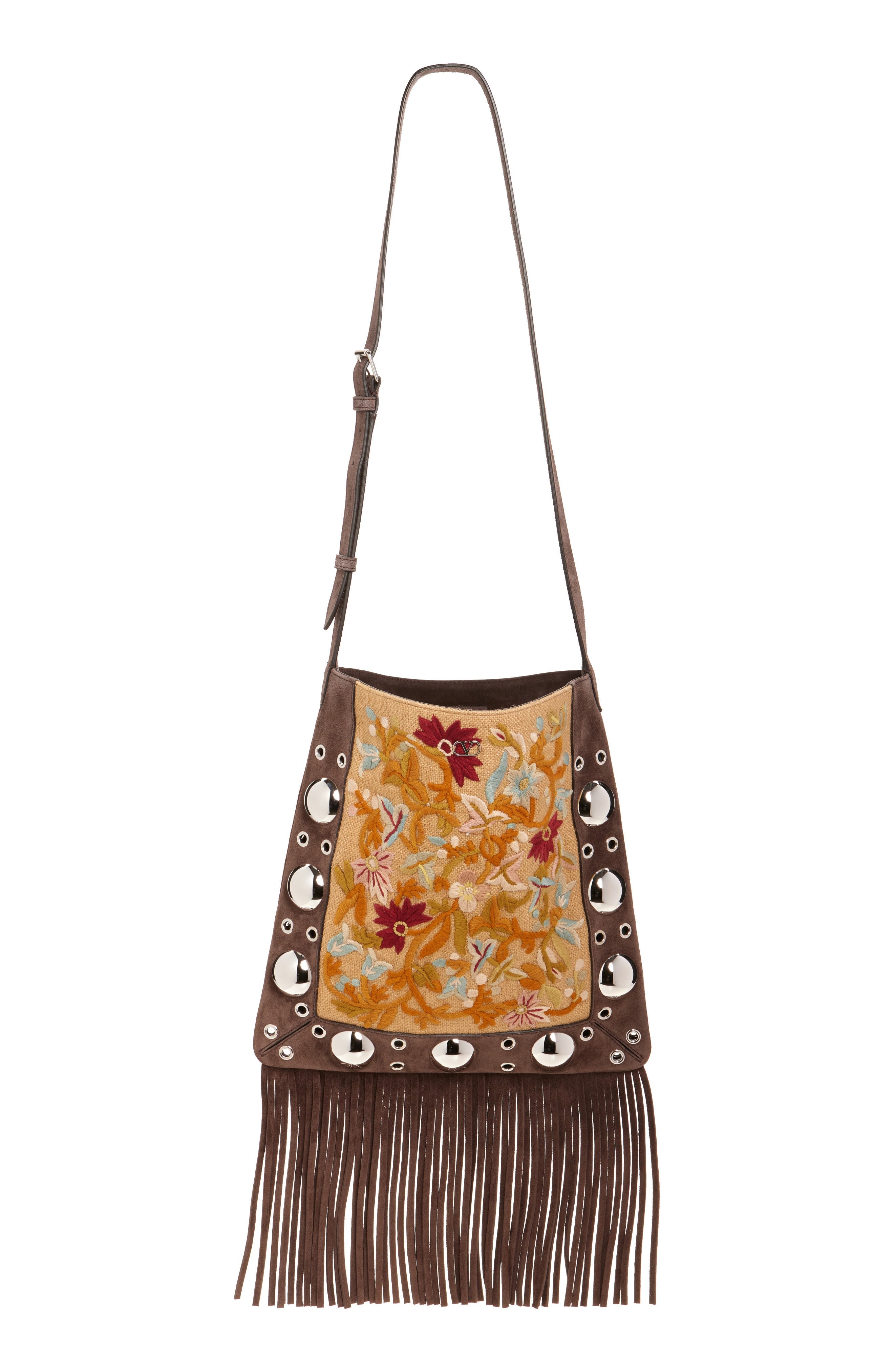 Valentino Garavani Small Nellcôte Fringe Stud Embroidered Crossbody Bag in Brown/Black at Nordstrom - 2