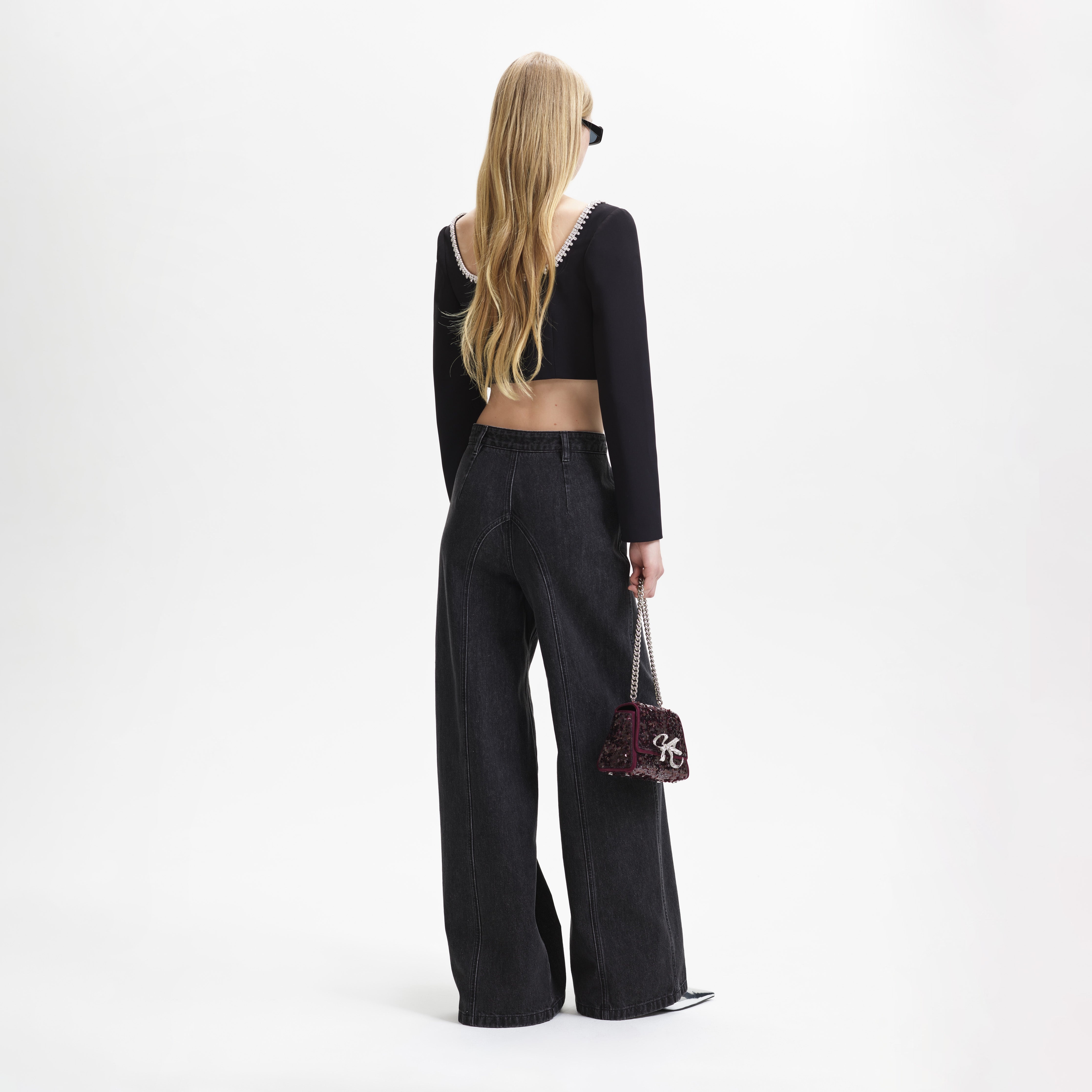 Black Wide Leg Stitch Detail Jeans - 3