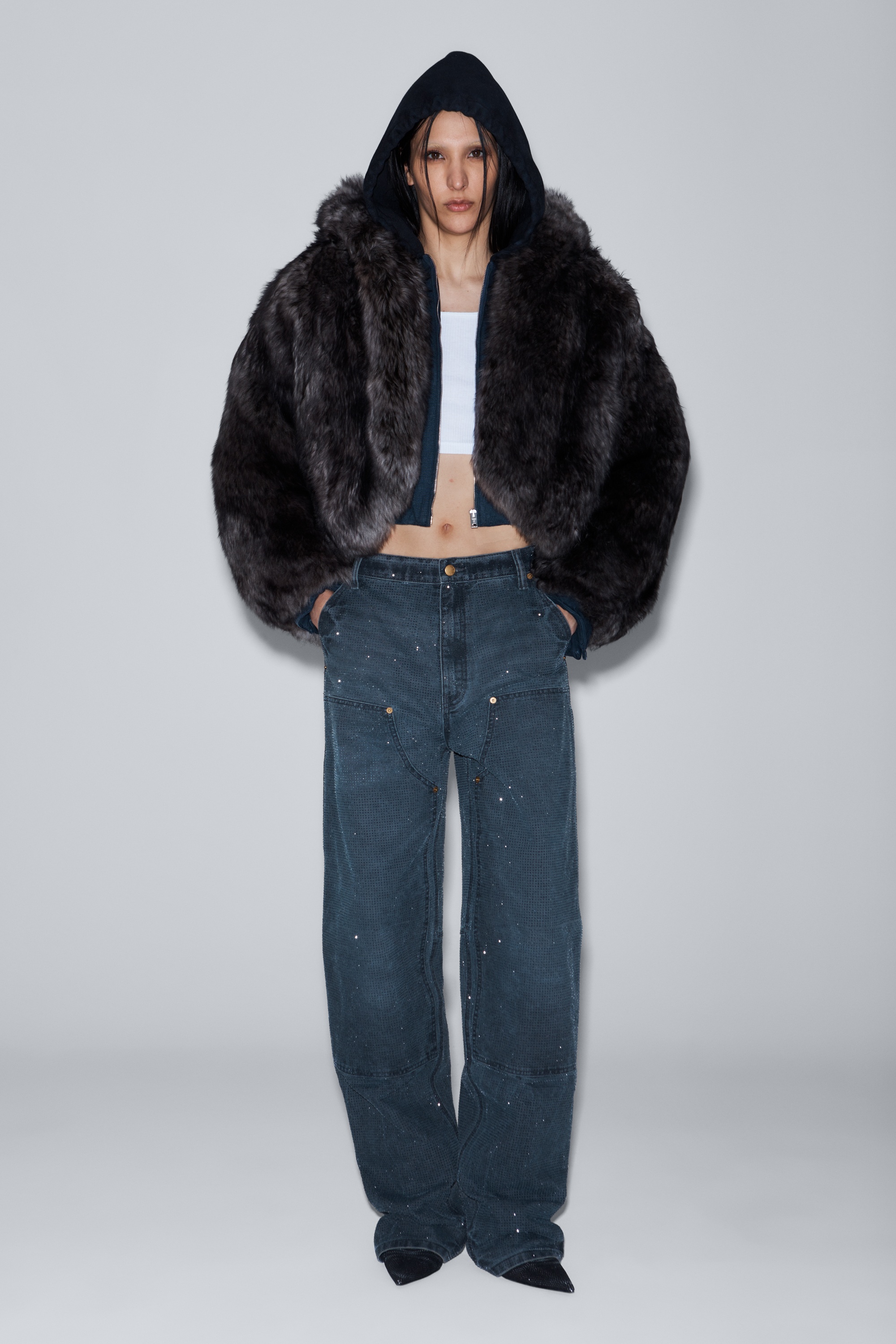 crystal hotfix high waisted workwear carpenter pants in cotton - 3