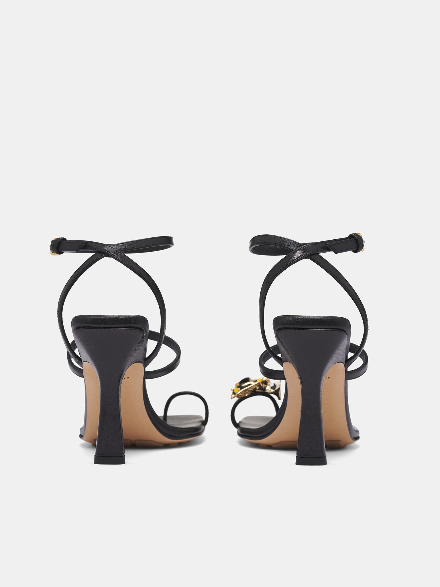 Black Leather Bee Strappy Heels - 4