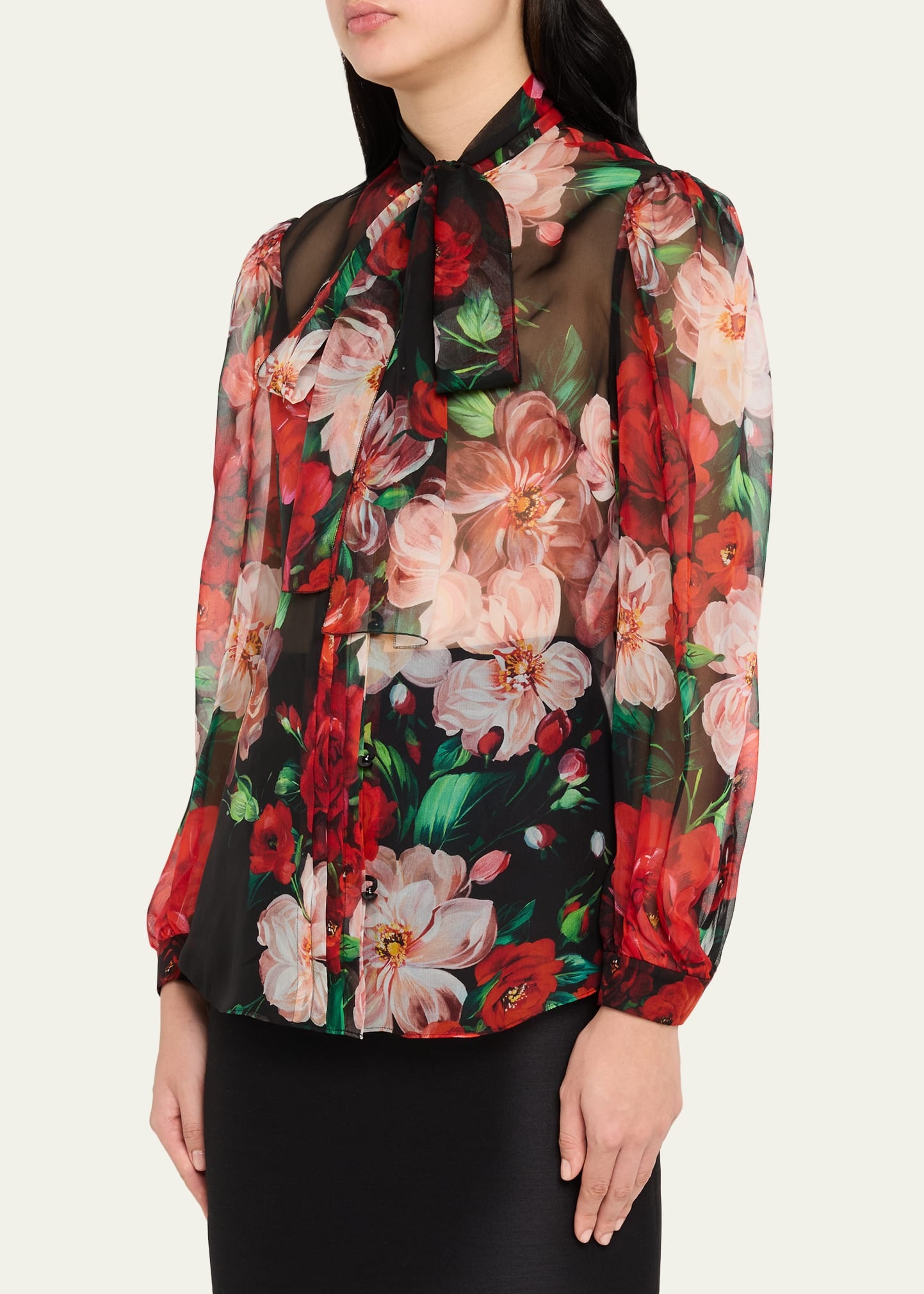 Rose Bouquet Chiffon Neck-Tie Blouse - 4