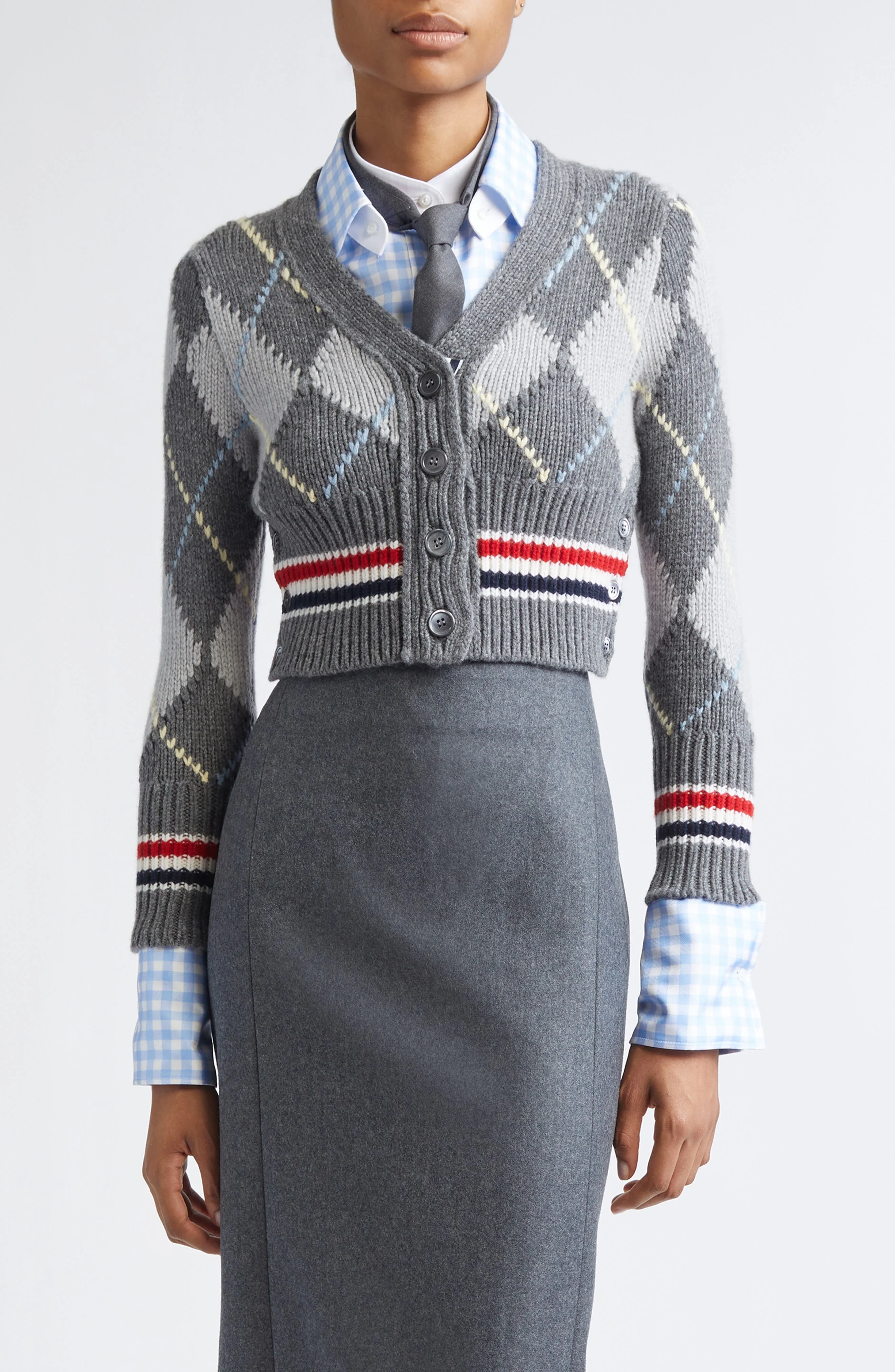 Thom Browne Argyle Intarsia Shrunken Virgin Wool Blend Cardigan in Tonal Grey at Nordstrom - 1