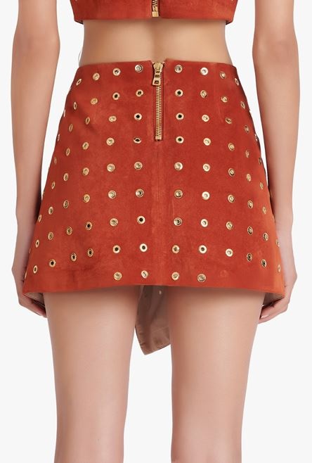 Balmain x Netflix -Short terracotta and golden suede skirt - 8