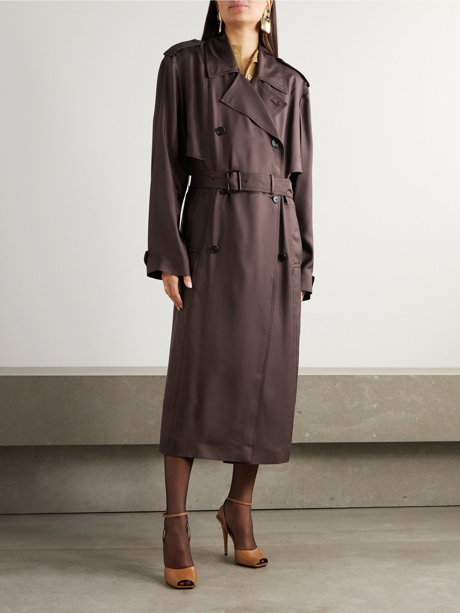 Double-breasted belted silk-twill trench coat Dark brown - 3