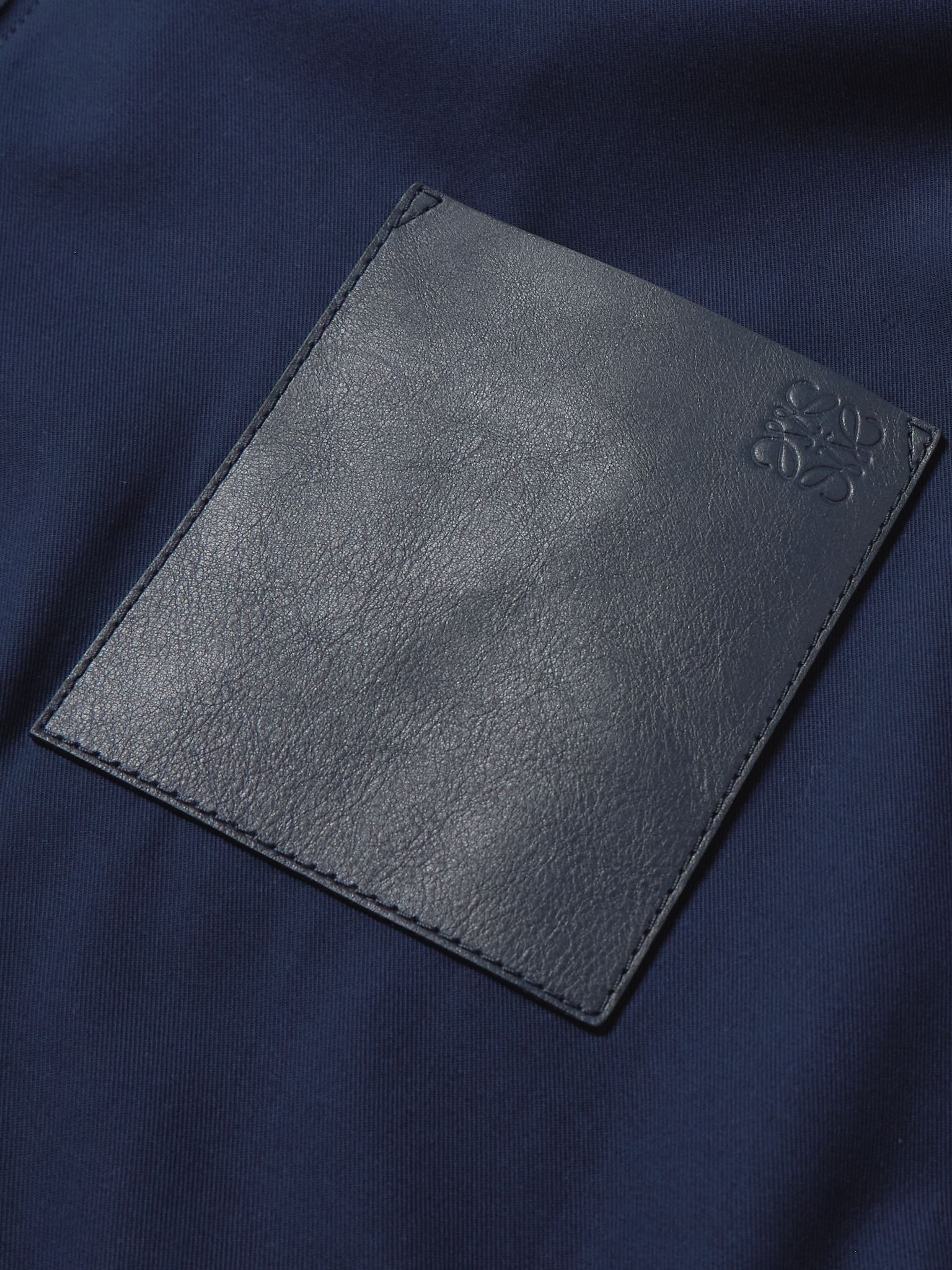 Logo-Debossed Leather-Trimmed Cotton-Twill Hooded Jacket Navy - 5