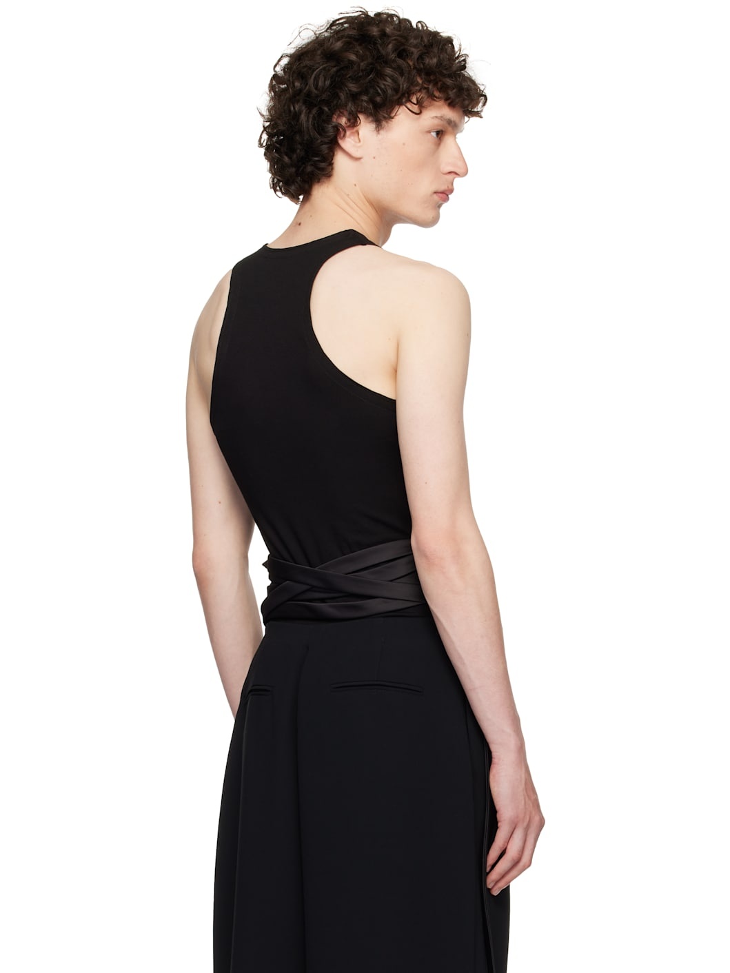 Black Satin Tie Jersey Tank Top - 3