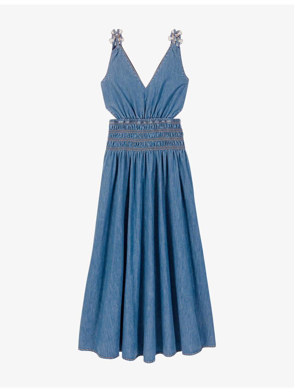 Cut-out smocked-waist denim maxi dress - 1