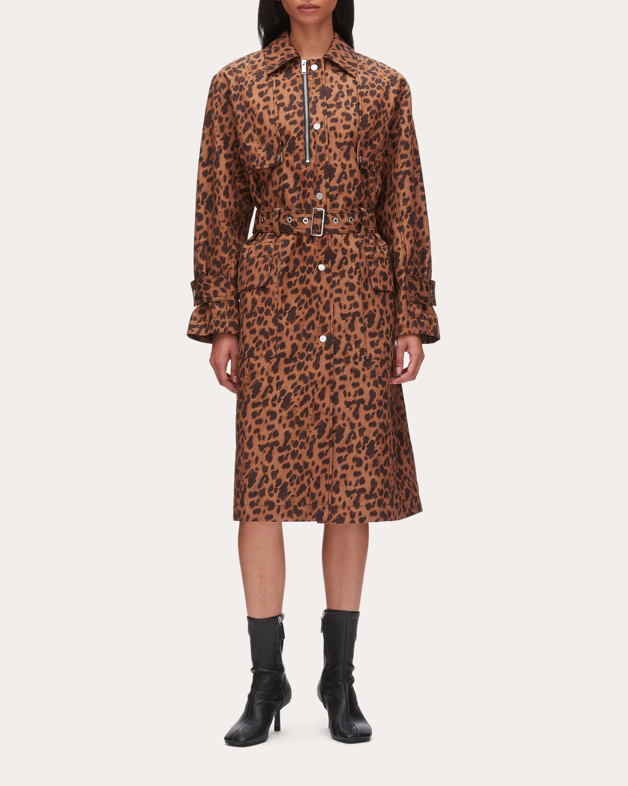 Leopard Twill Belted Trench Coat - 1