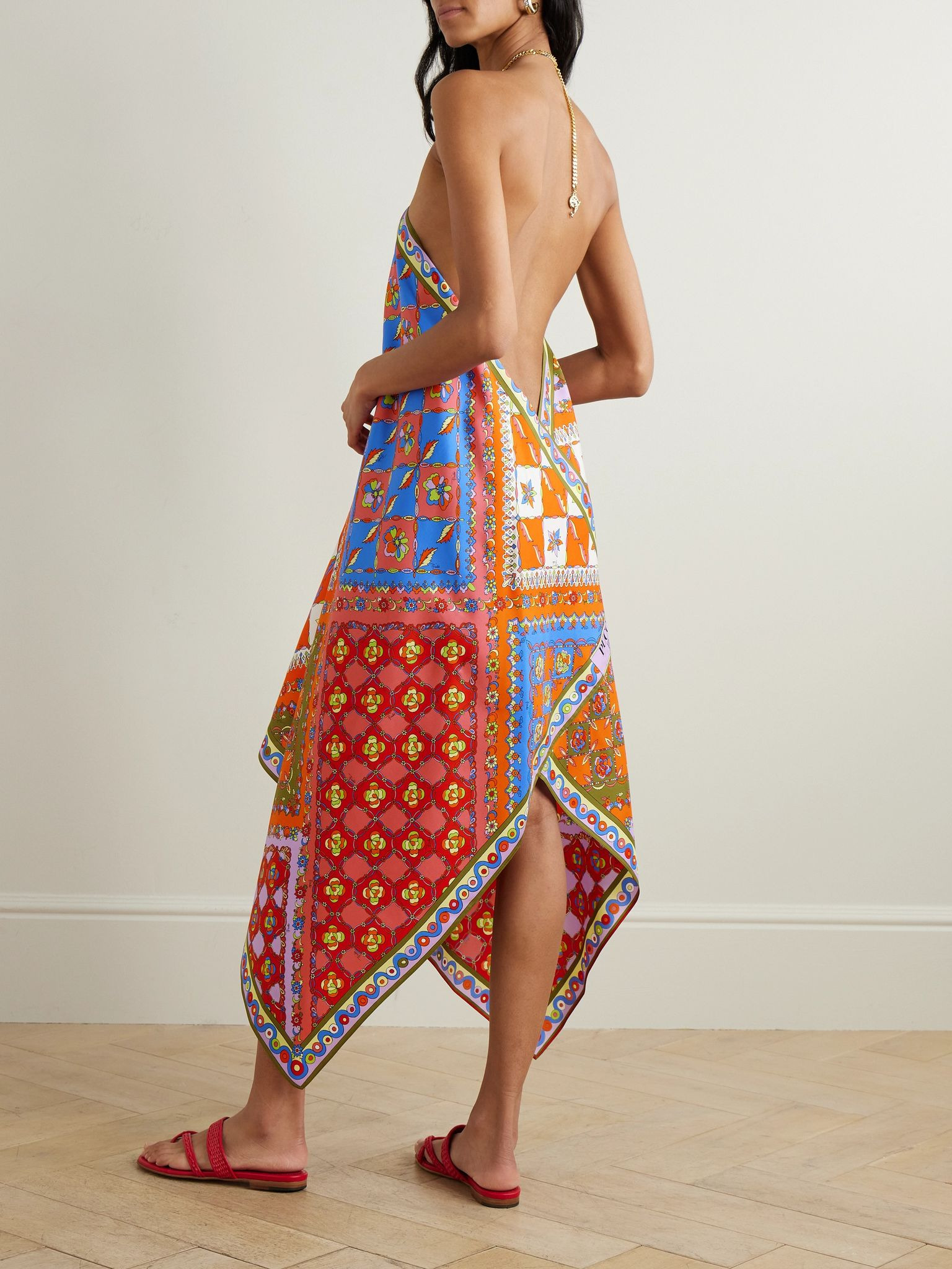 Asymmetric printed silk-twill halterneck midi dress Red - 3