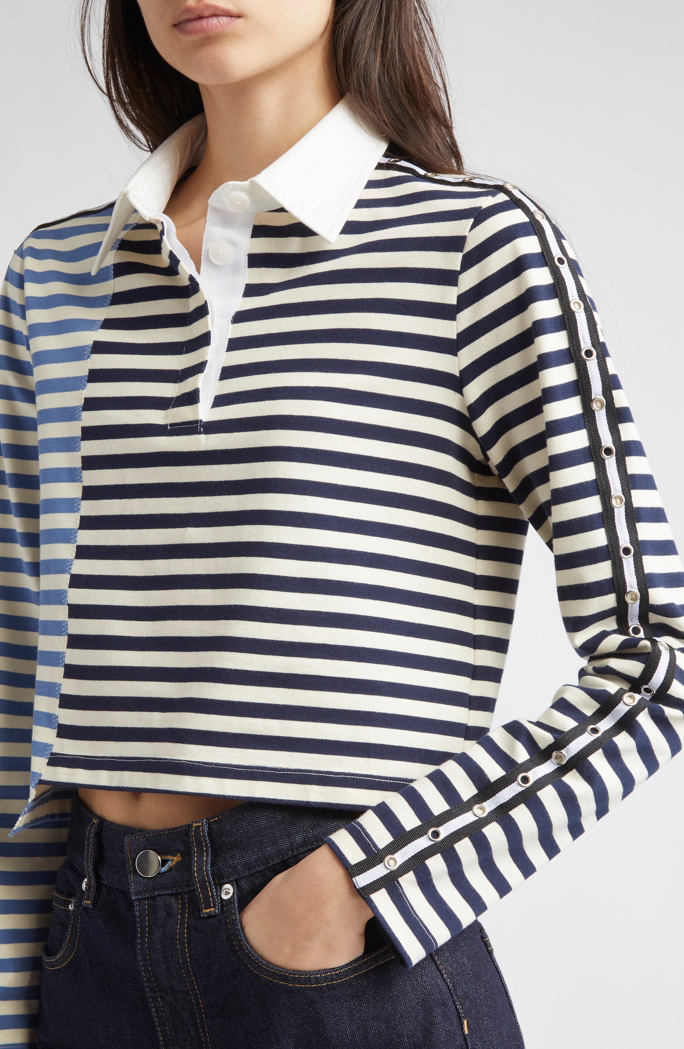 3.1 Phillip Lim Stripe Long Sleeve Cotton Polo Shirt in Midnight Multi at Nordstrom - 5