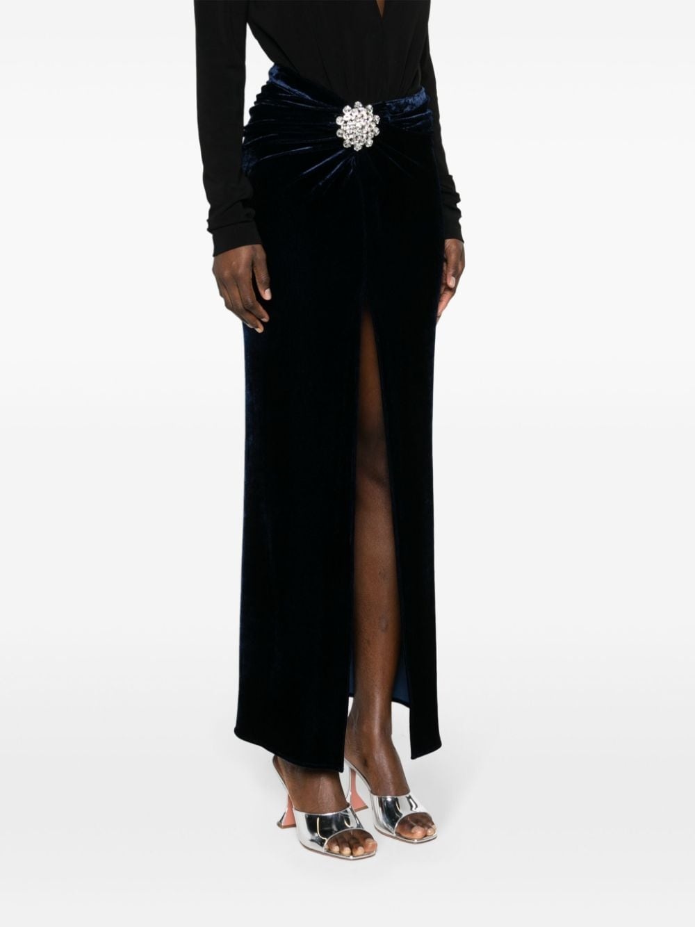 crystal-brooch velvet midi skirt - 3
