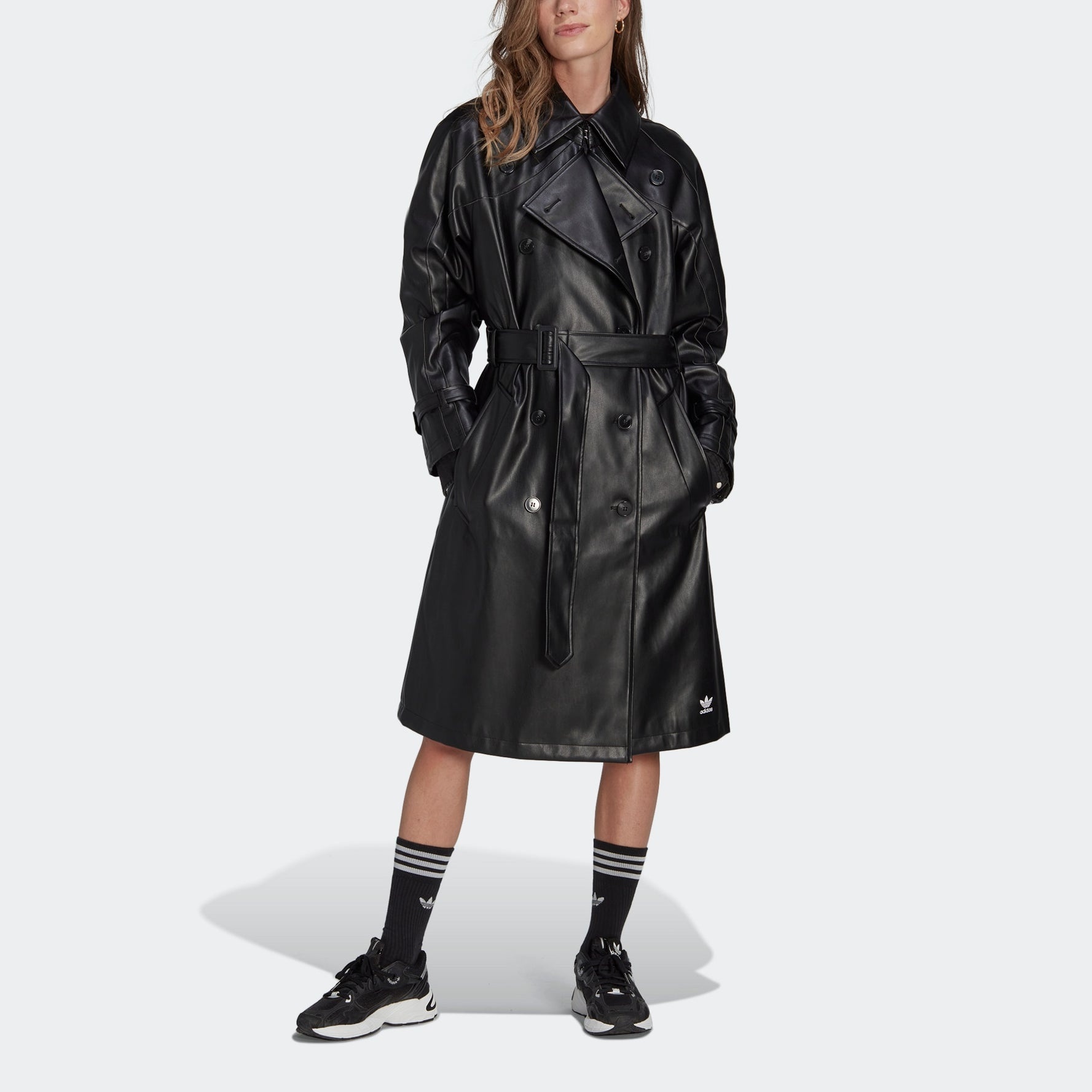 (WMNS) adidas Adicolor Trefoil Faux Leather Trench Coat 'Black' II6083 - 2