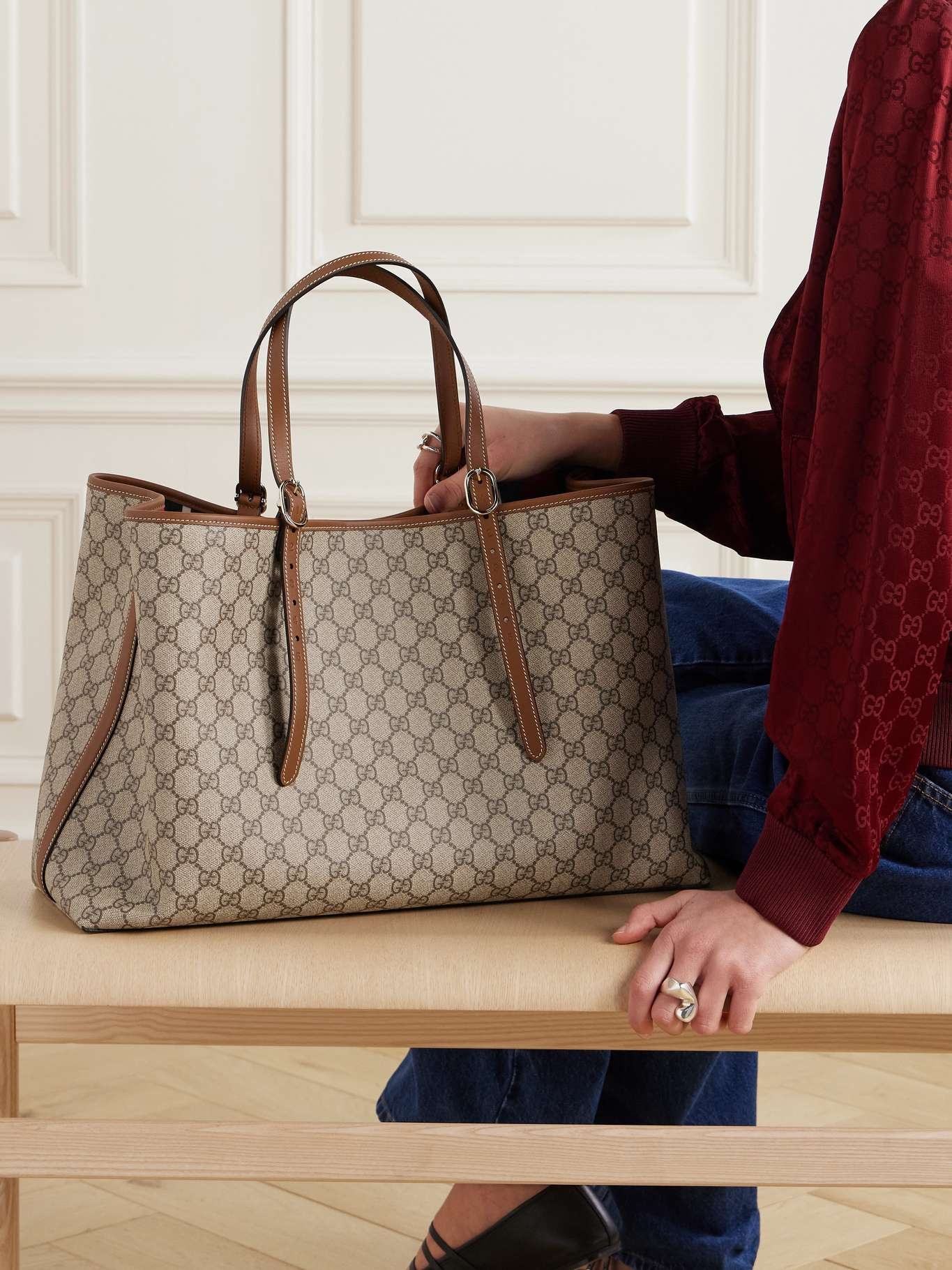 GUCCI GG Emblem leather-trimmed printed coated-canvas tote