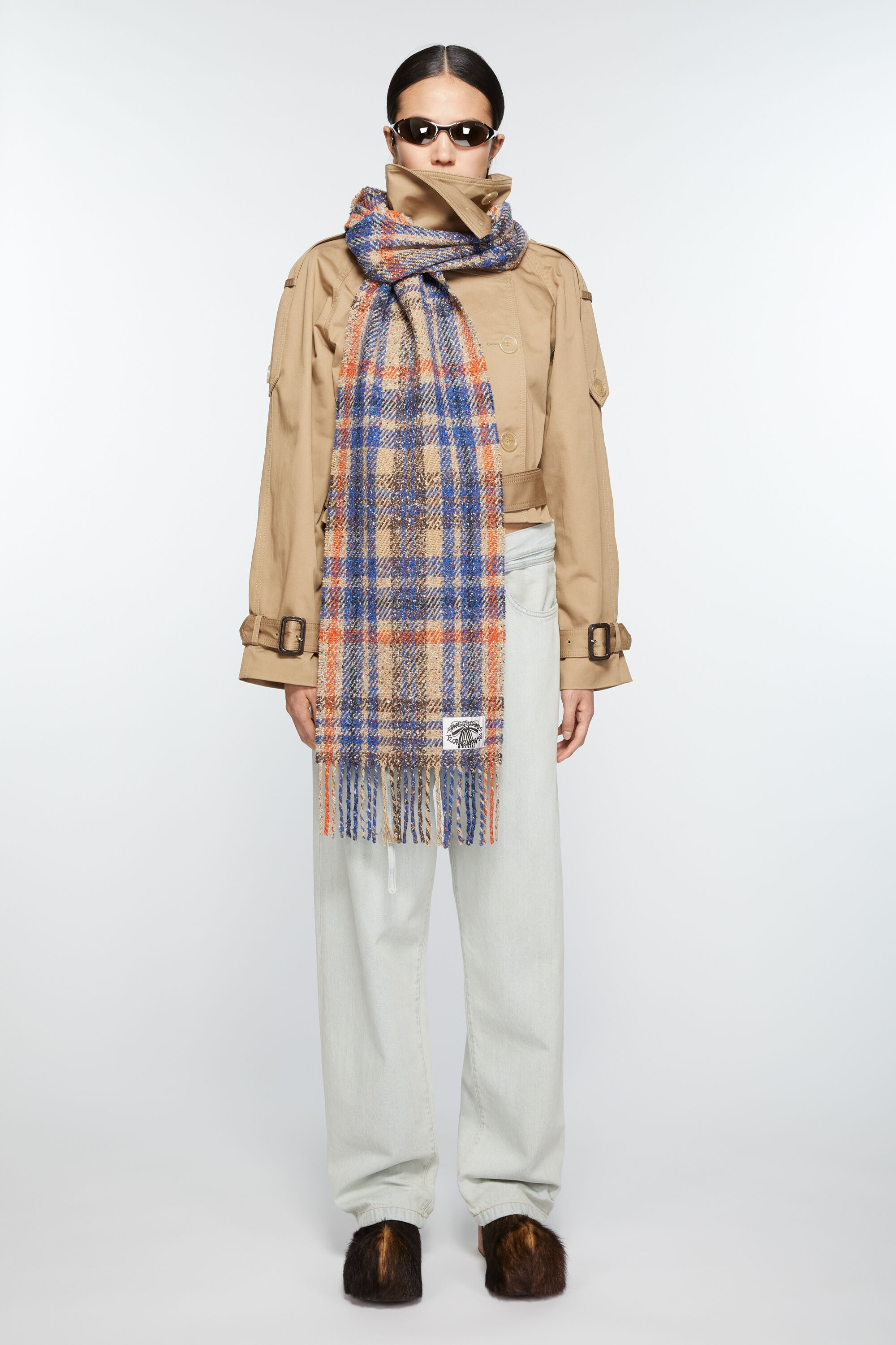 Plaid fringe scarf - Beige/blue - 2