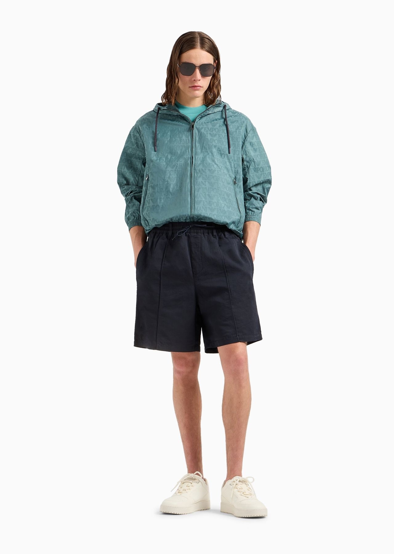 Linen-blend twill Bermuda shorts with crease and elasticated waist - 4